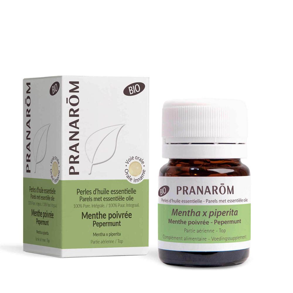 Produktverpackung und Flasche. Verpackung mit Produktnamen und BIO-Siegel. Flasche: braun, weißer Deckel. Text: PRANAROM, Pfefferminze.