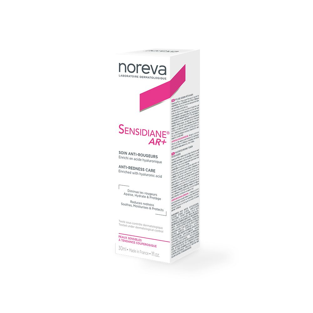 Weißer Karton mit rosa Akzenten. Beschriftung: Noreva, Sensidiane AR+, Anti-Rötungs-Pflege. Text in Französisch und Englisch.