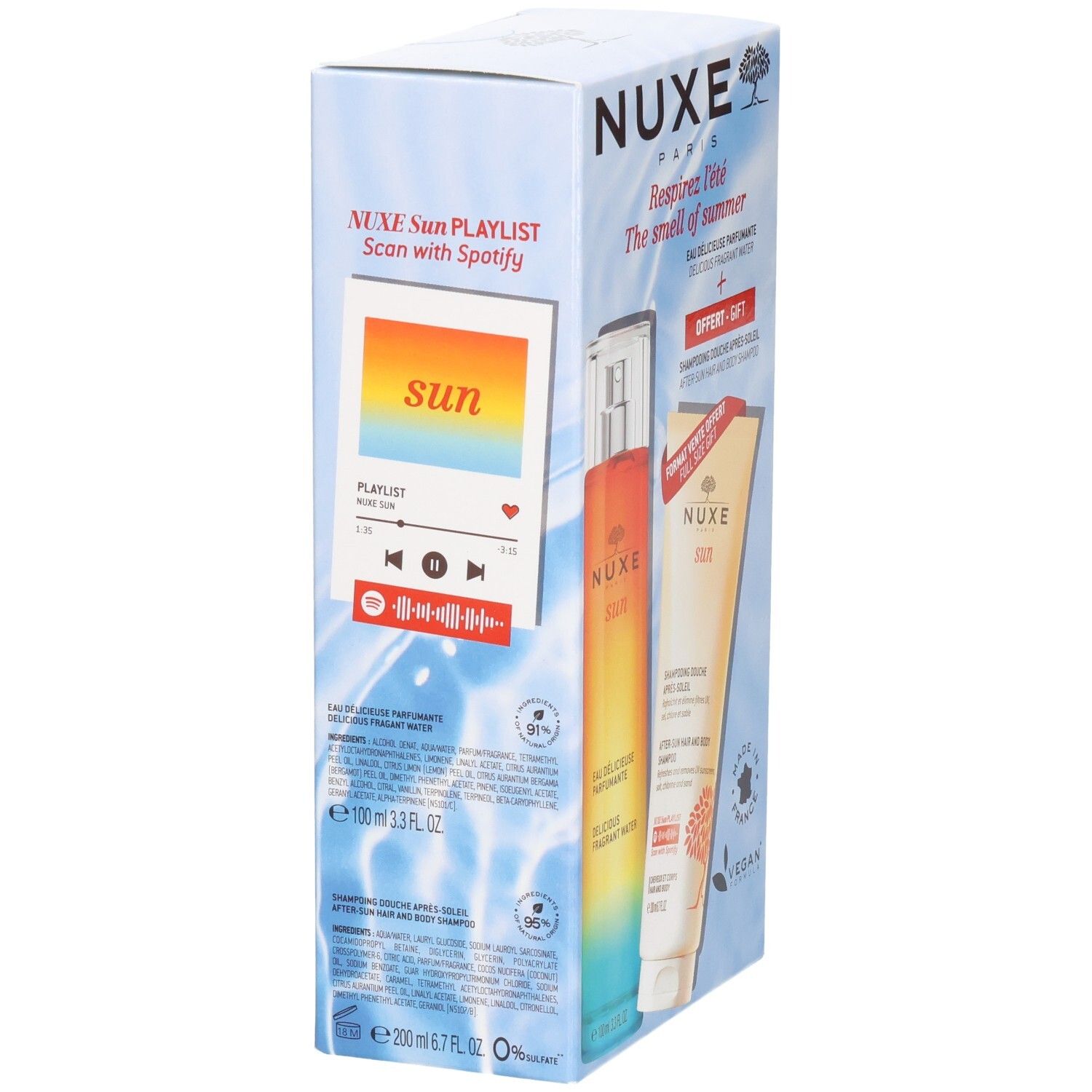 Nuxe Sun Set mit Spotify-Code: Duftendes Wasser und After-Sun Shampoo.