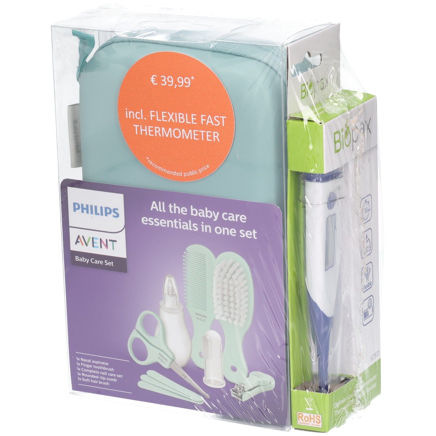 Philips Avent Baby Care Set mit digitalem Thermometer und Zubehör in einer Tasche.