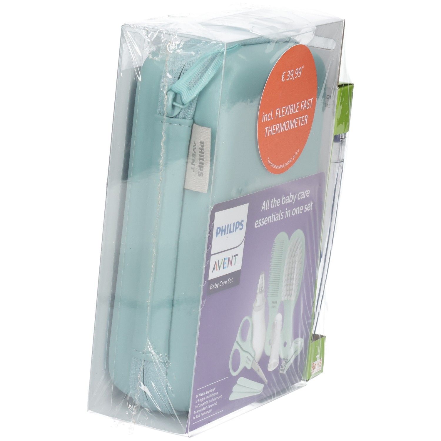 Philips Avent Baby Care Set mit digitalem Thermometer, Zubehör und Tasche, Seitenansicht.