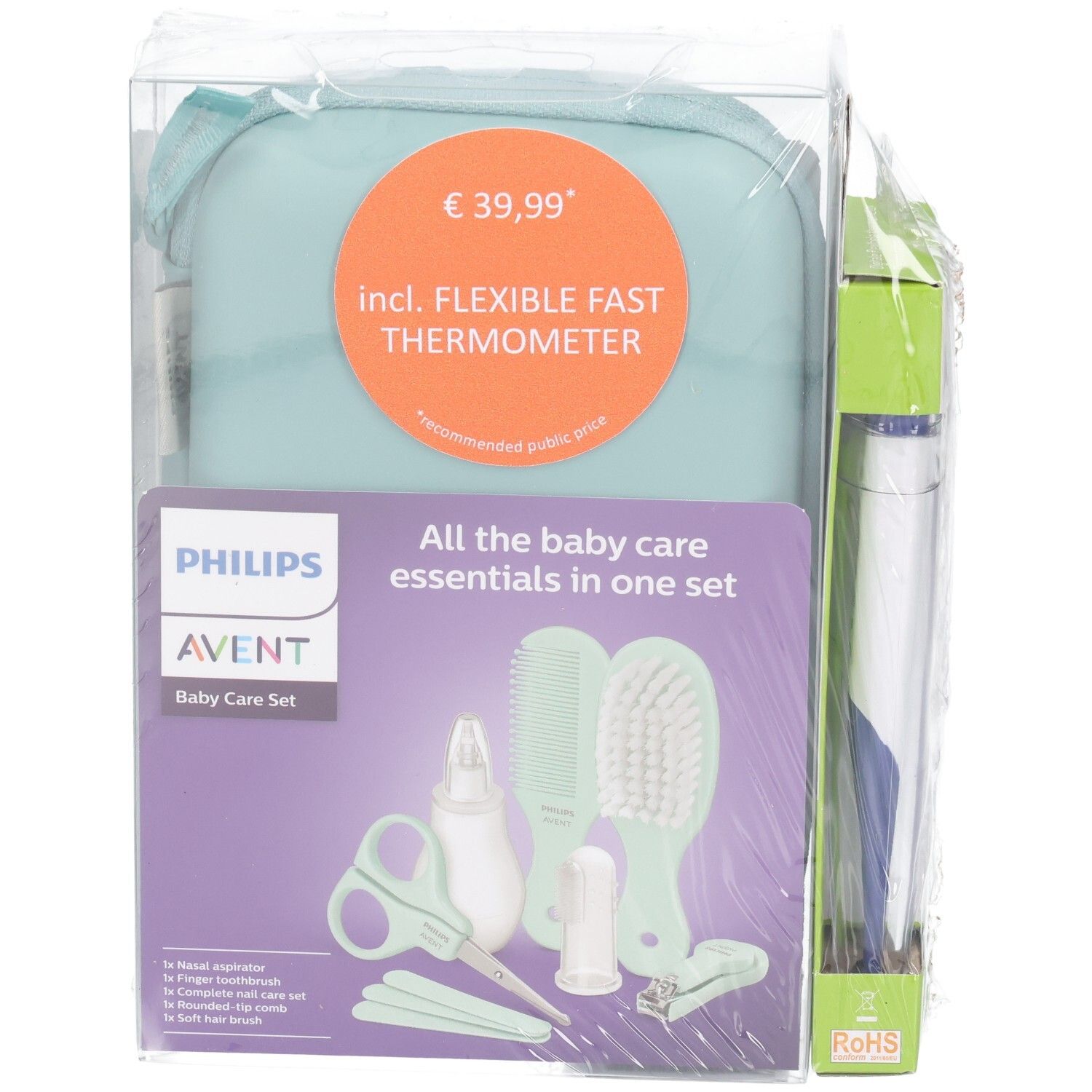 Philips Avent Baby Care Set mit digitalem Thermometer, Zubehör und Tasche, Vorderansicht.