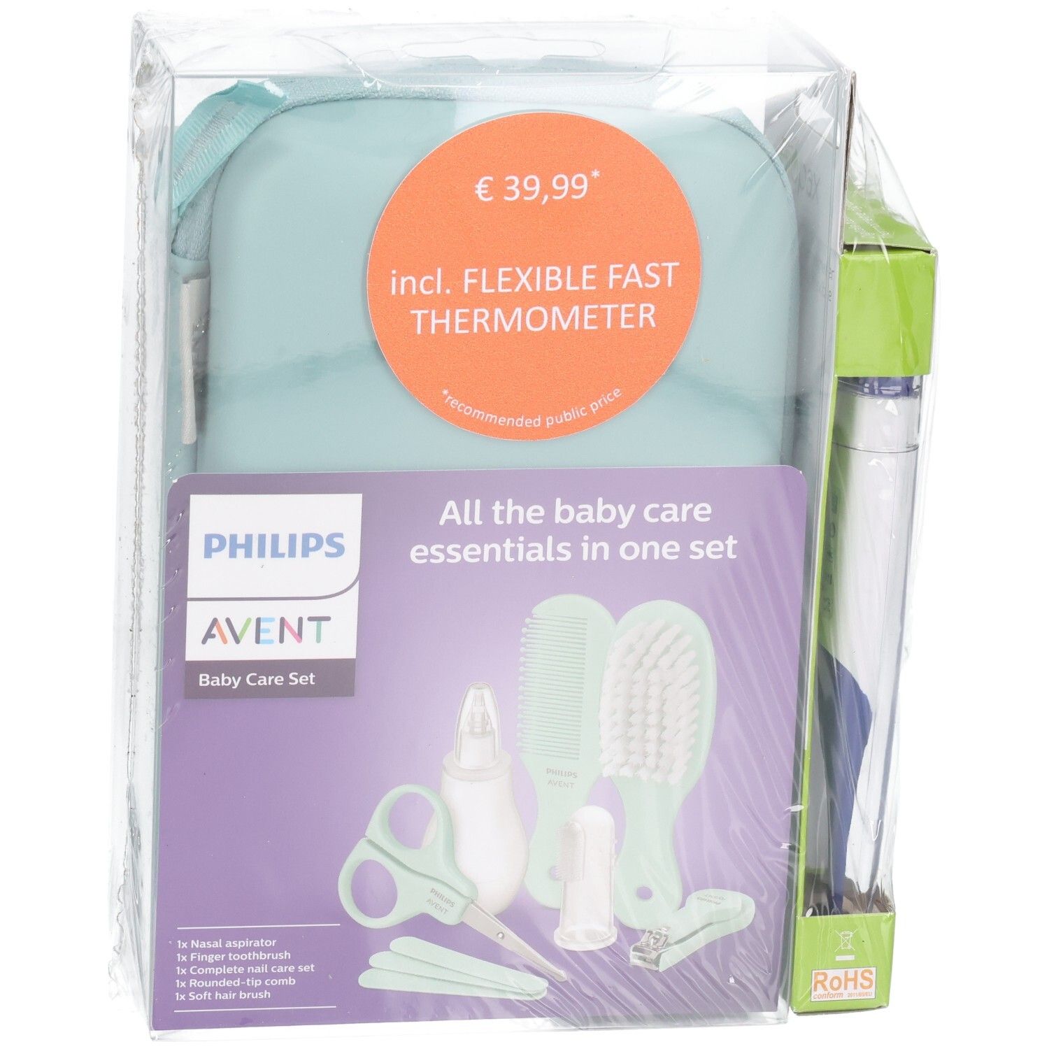 Philips Avent Baby Care Set mit digitalem Thermometer, Zubehör und Tasche, leicht schräger Blickwinkel.