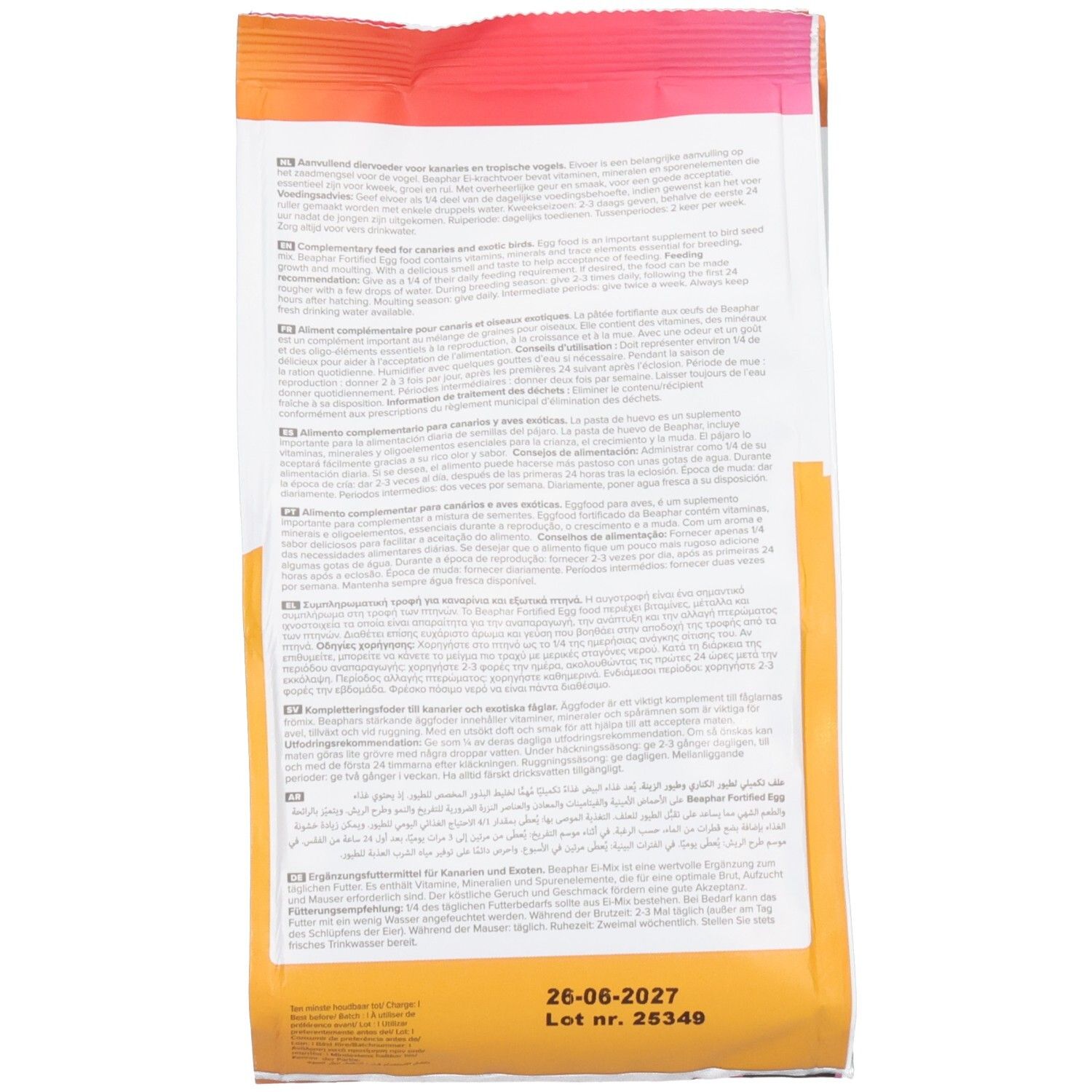 Vorderseite einer Beutelverpackung für Vogelfutter, mit der Aufschrift 'Xtra Vital Premium Eggfood & Echinacea'.