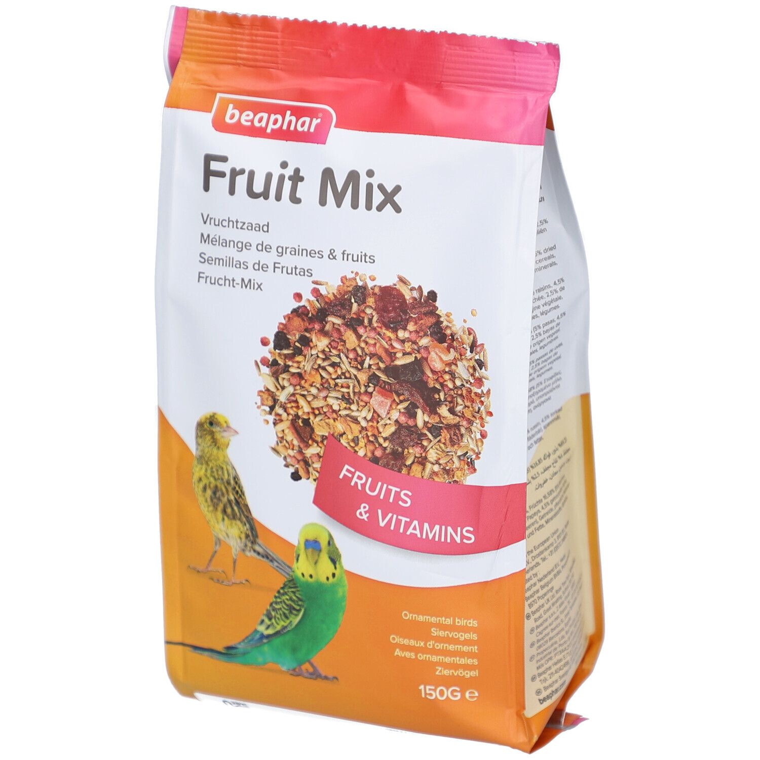 Beutel mit Vogelfutter. Aufdruck "Fruit Mix" und "Beaphar". Abbildung von Früchten und zwei Vögeln. Text: "Fruits & Vitamins".