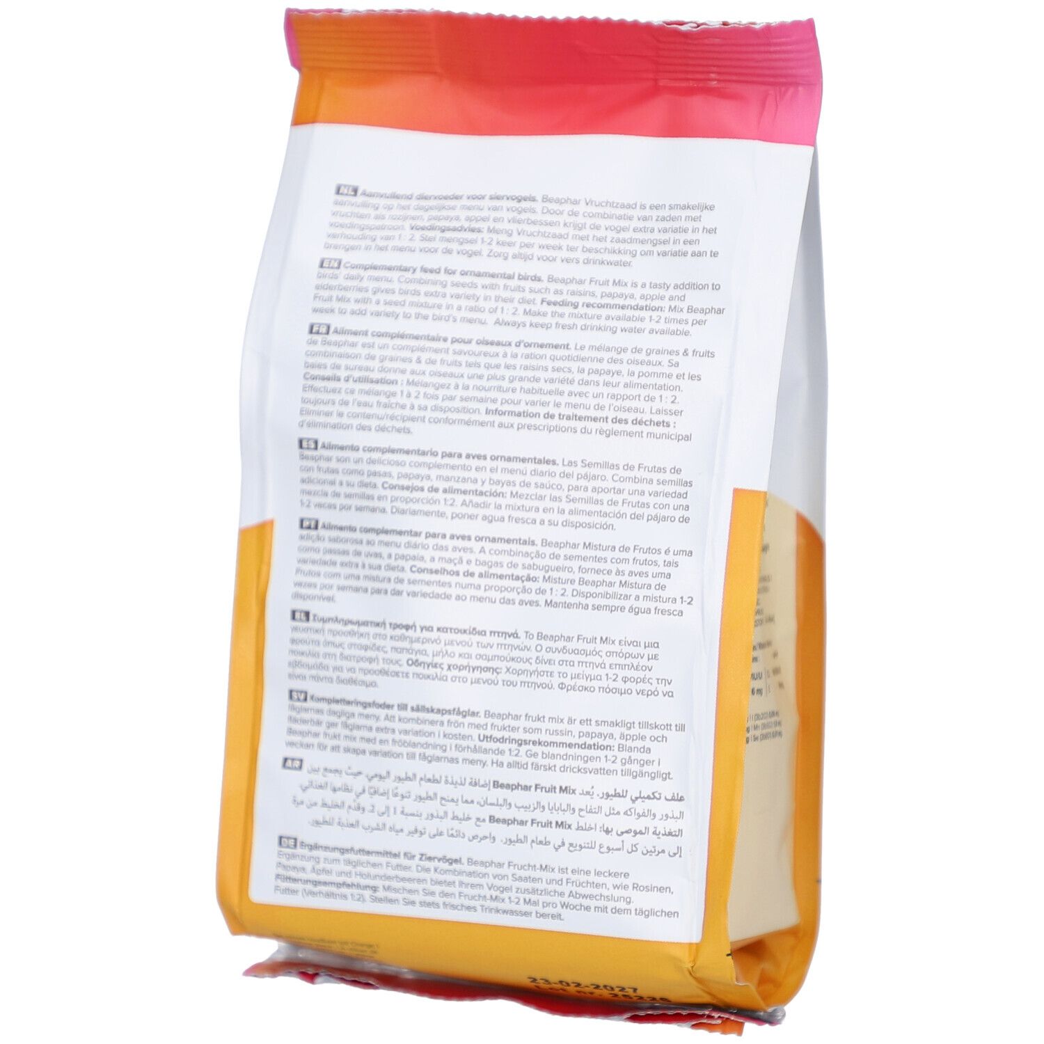 Rückseite eines Beutels mit Vogelfutter. Text in verschiedenen Sprachen. Aufdruck "Beaphar".