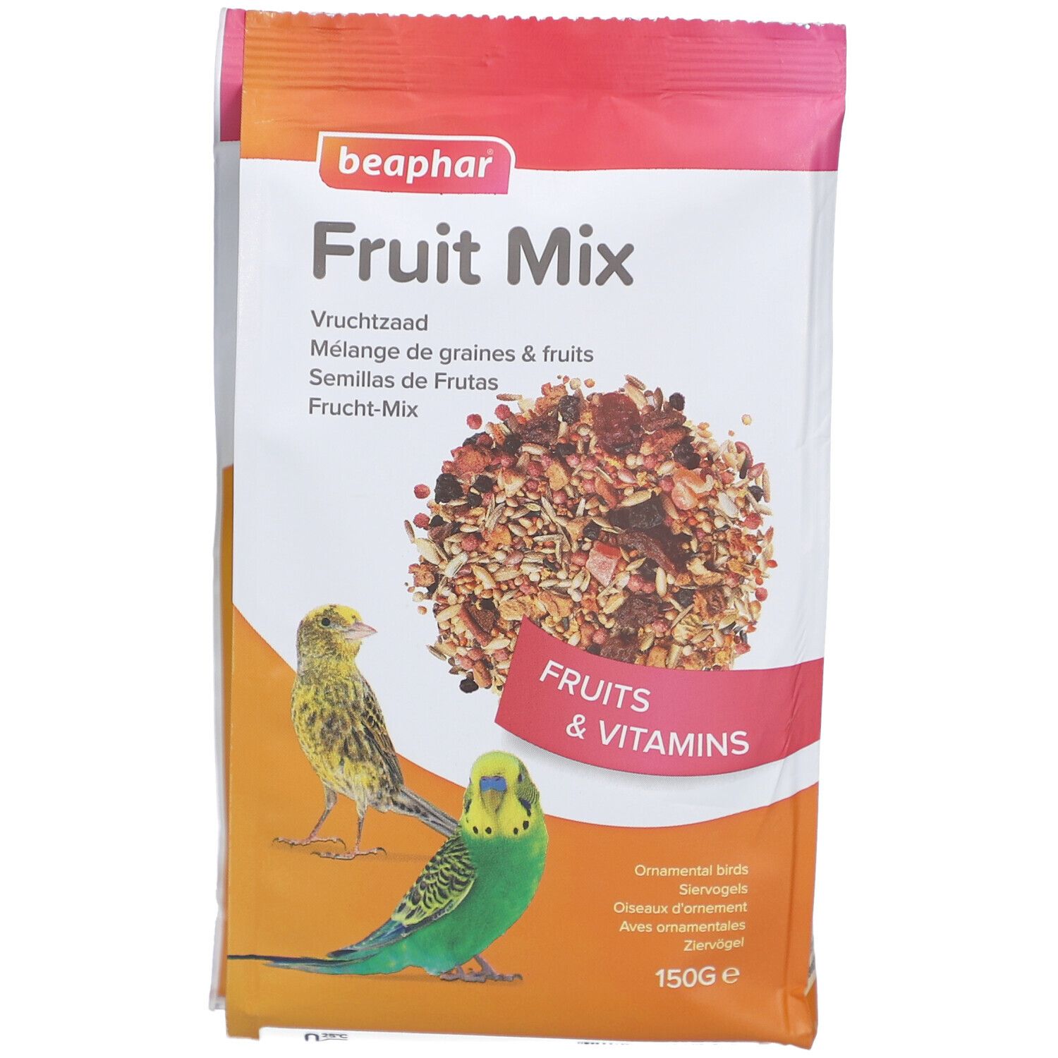 Beutel mit Vogelfutter. Aufdruck "Fruit Mix" und "Beaphar". Abbildung von Früchten und zwei Vögeln. Text: "Fruits & Vitamins".