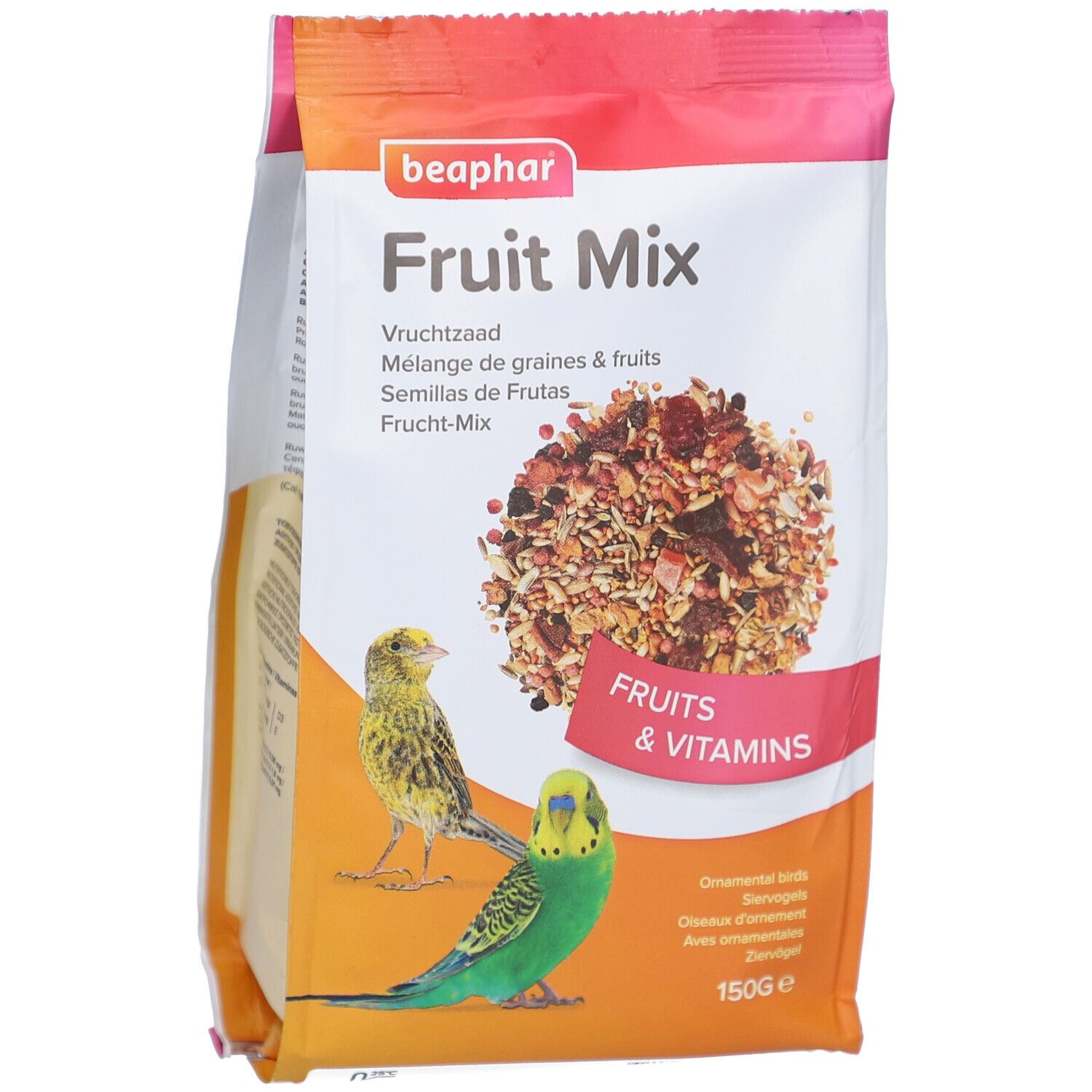 Beutel mit Vogelfutter. Aufdruck "Fruit Mix" und "Beaphar". Abbildung von Früchten und zwei Vögeln. Text: "Fruits & Vitamins".