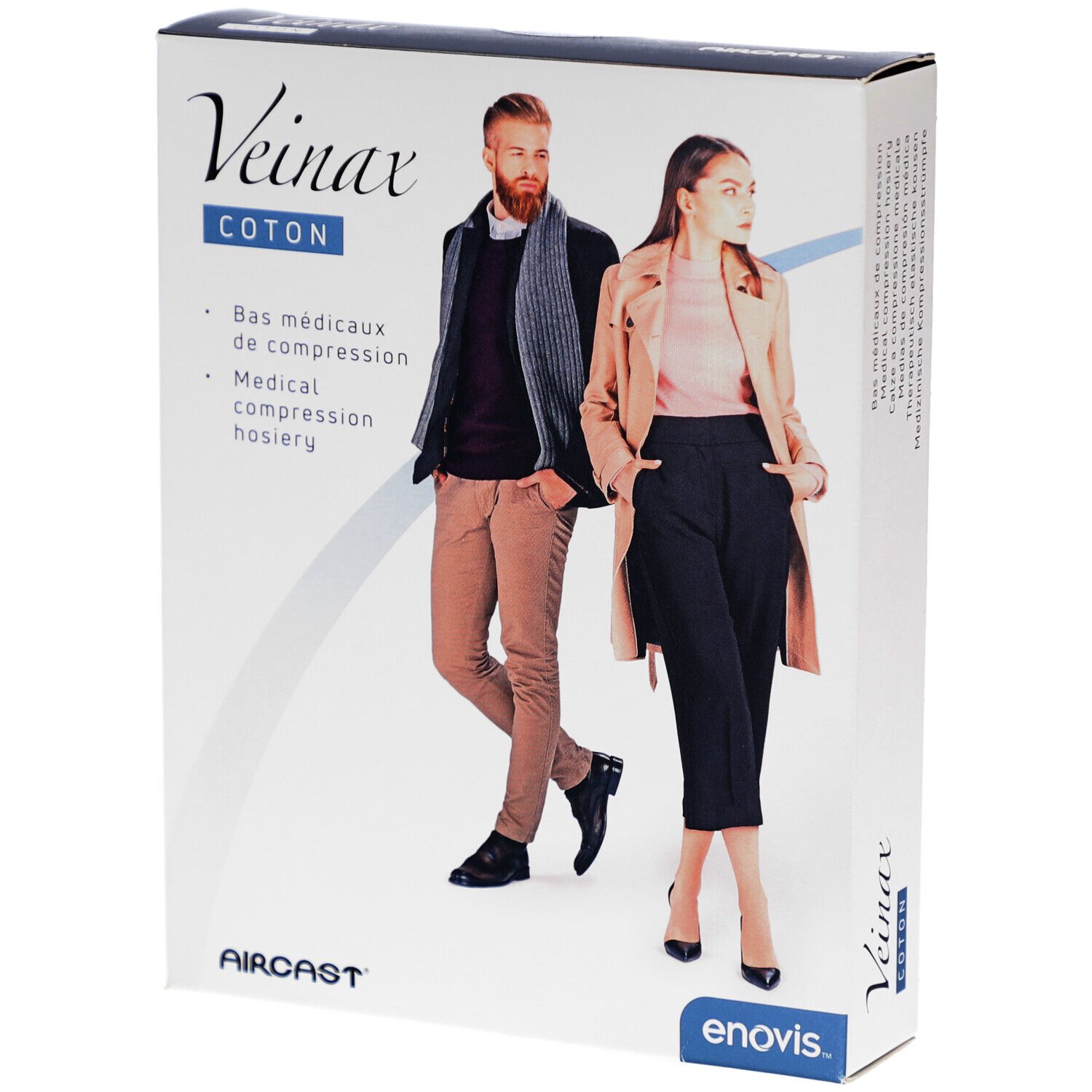 Veinax-Kompressionsstrümpfe, Baumwolle, Größe 3, schwarz. Verpackung mit Abbildung von Mann und Frau.