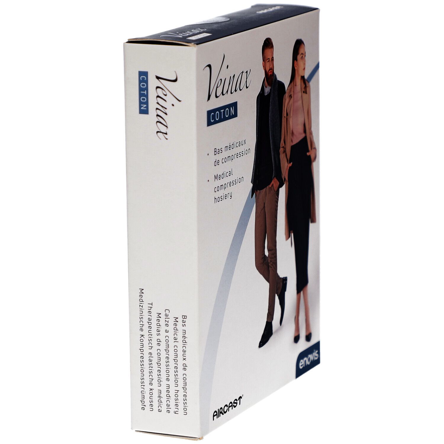 Veinax-Verpackung, Baumwolle, Kompressionsstrümpfe. Seitenansicht mit Text und Abbildung von Mann und Frau.
