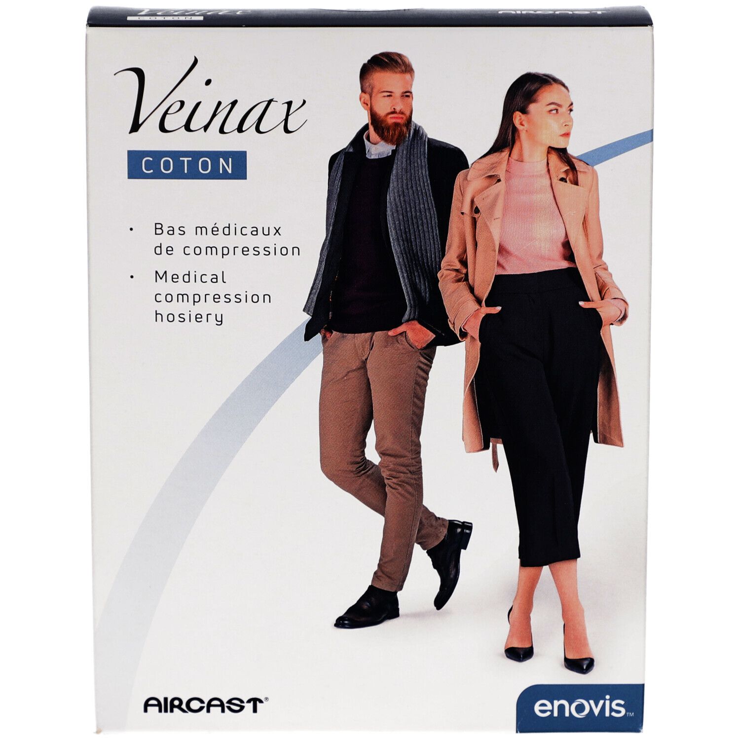Veinax-Verpackung, Baumwolle, Kompressionsstrümpfe. Abbildung von Mann und Frau.