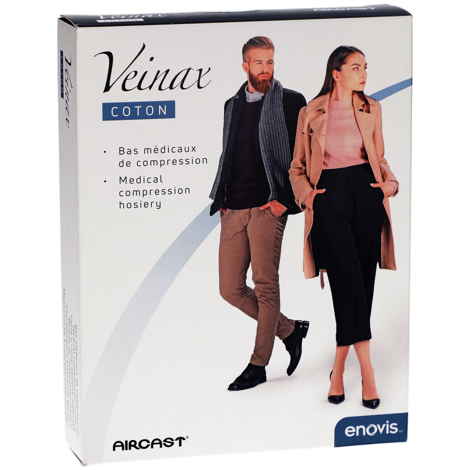 Veinax-Verpackung, Baumwolle, Kompressionsstrümpfe. Abbildung von Mann und Frau.