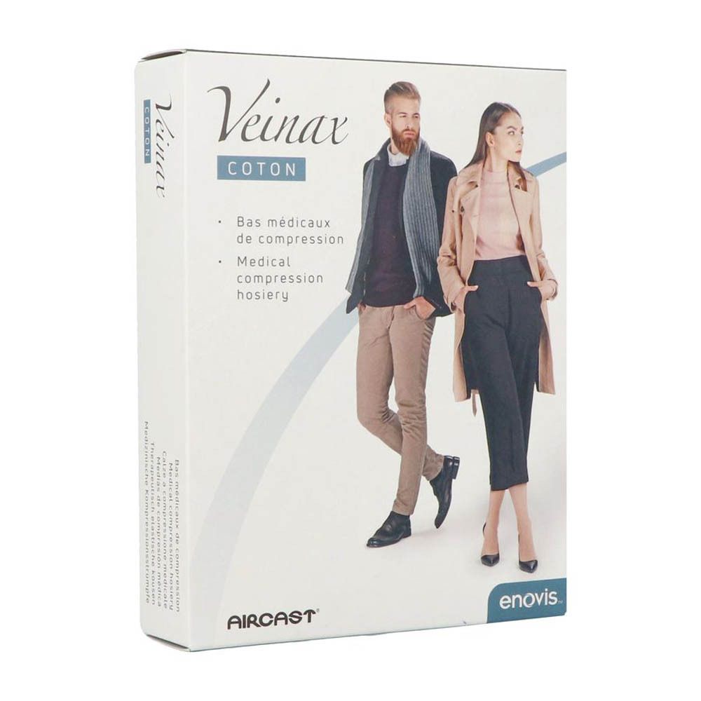 Boîte Veinax Mi-bas de compression médicaux Femme Coton. Homme et femme représentés. Marques: AirCast, enovis.