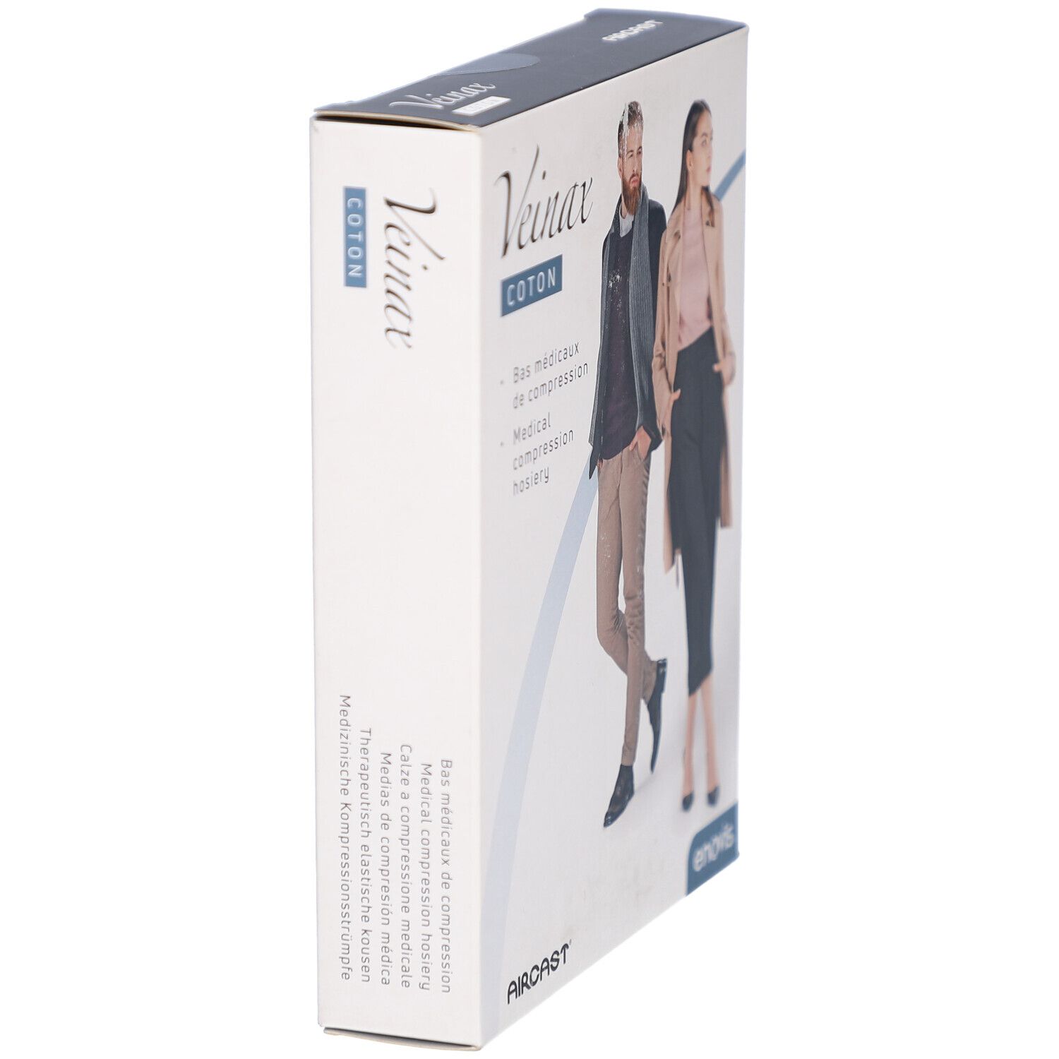 Seitenansicht der Veinax Mi-bas de compression médicaux Femme Coton Verpackung. Text und Abbildung von Mann und Frau. Marke: enovis.
