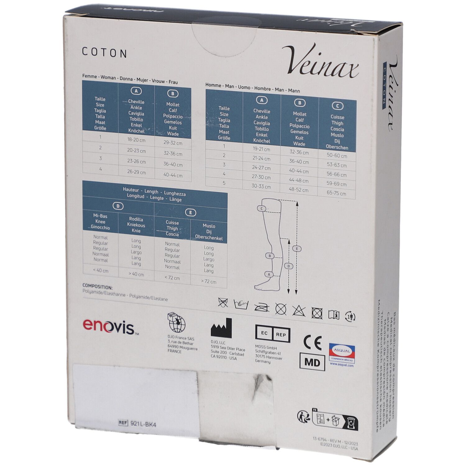 Rückseite der Veinax Mi-bas de compression médicaux Femme Coton Verpackung. Größentabelle, Symbole und Logos. Marke: enovis.