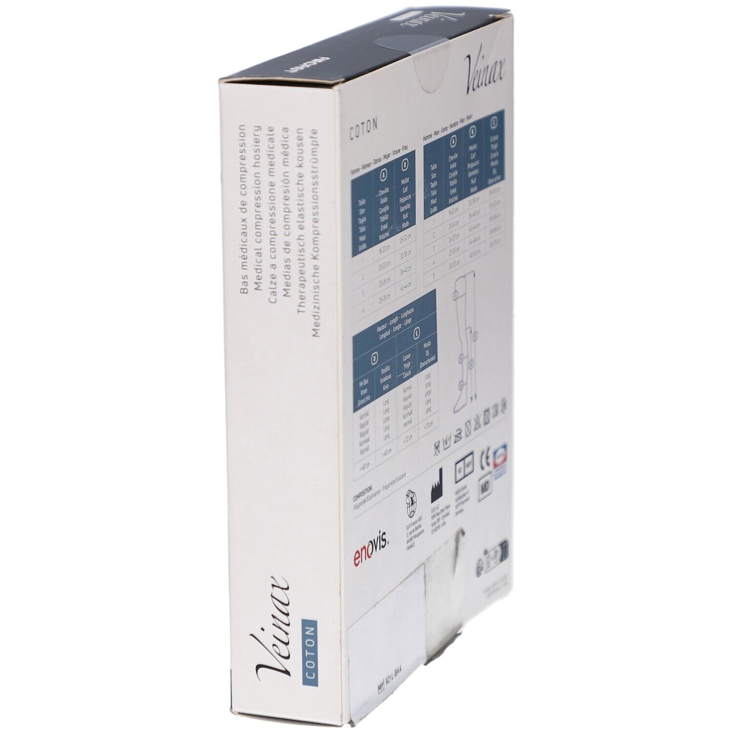 Seitenansicht der Veinax Mi-bas de compression médicaux Femme Coton Verpackung. Text und Logos. Marke: enovis.