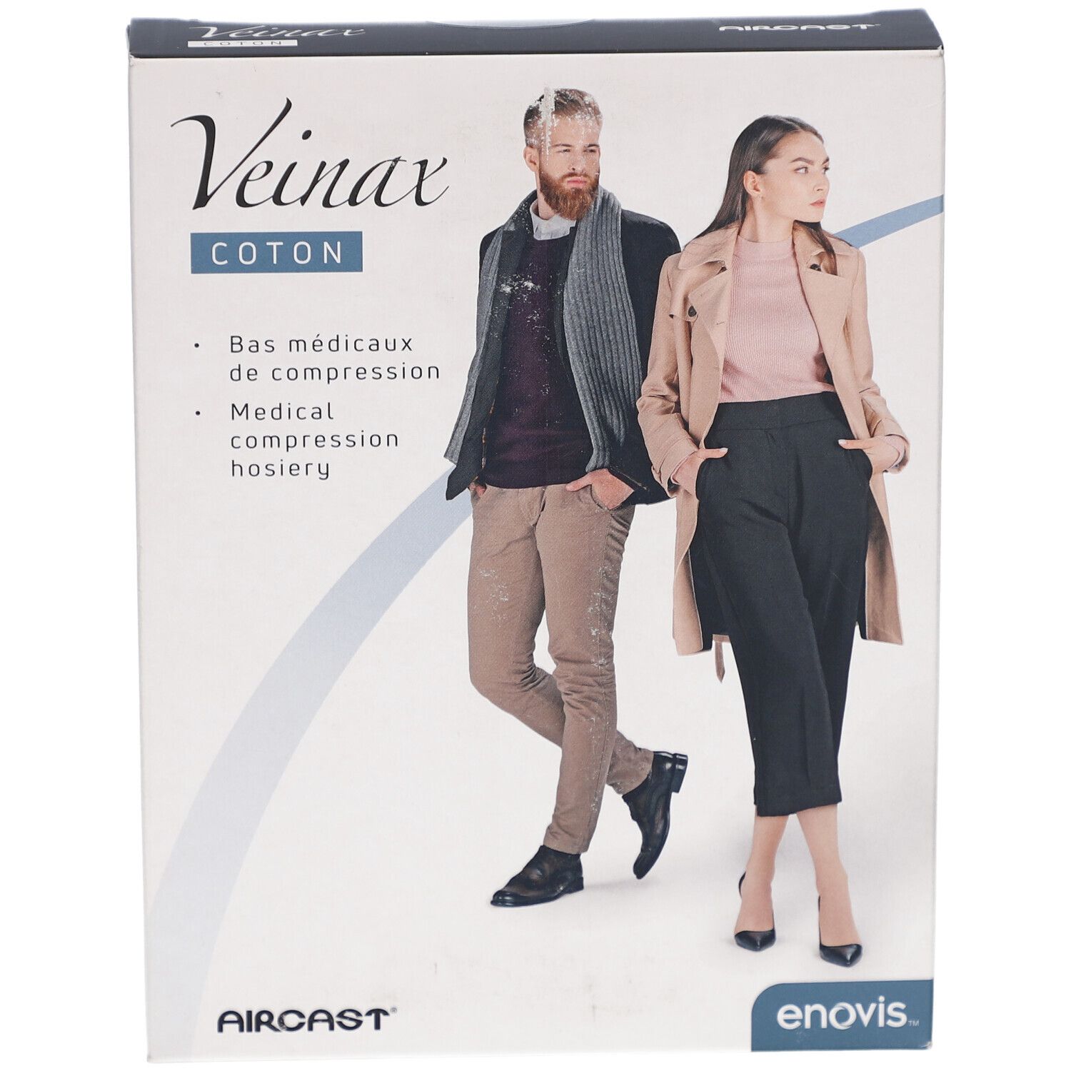 Veinax Mi-bas de compression médicaux Femme Coton Verpackung. Abbildung von Mann und Frau. Marke: AirCast, enovis.