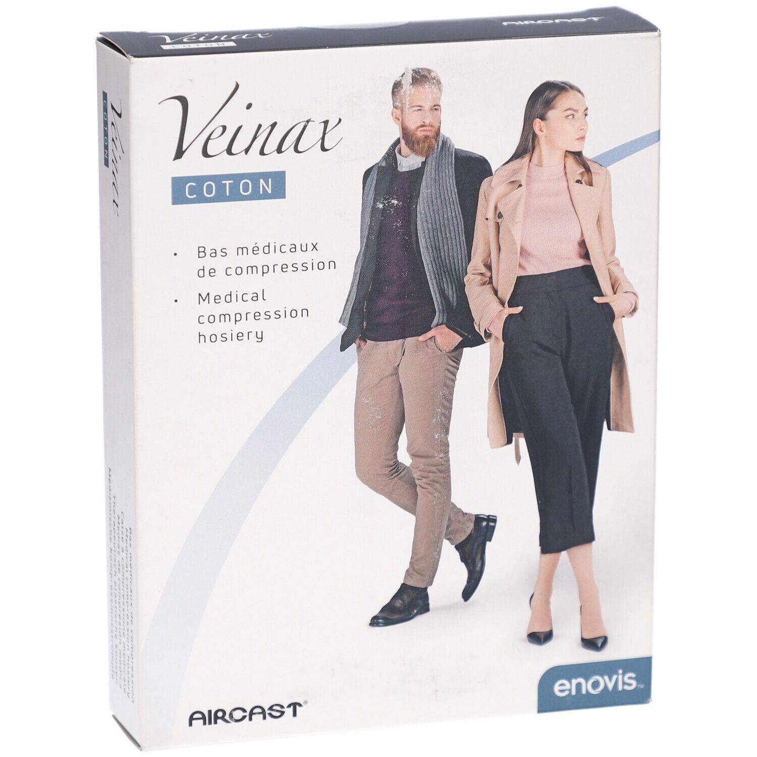 Veinax Mi-bas de compression médicaux Femme Coton Verpackung. Abbildung von Mann und Frau. Marke: AirCast, enovis.