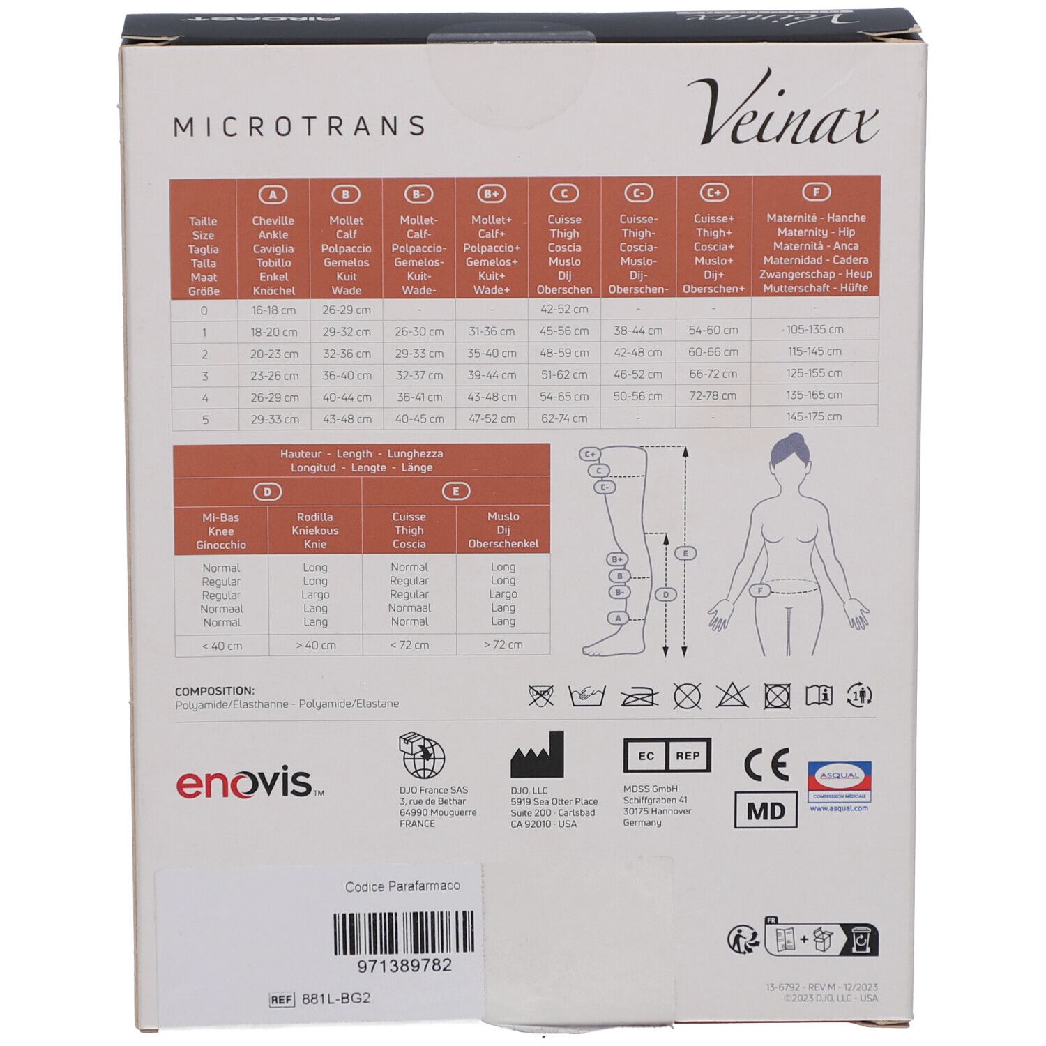 Rückseite der Verpackung mit Größentabelle und Symbolen. Marke Enovis, CE-Kennzeichnung, MD-Symbol.
