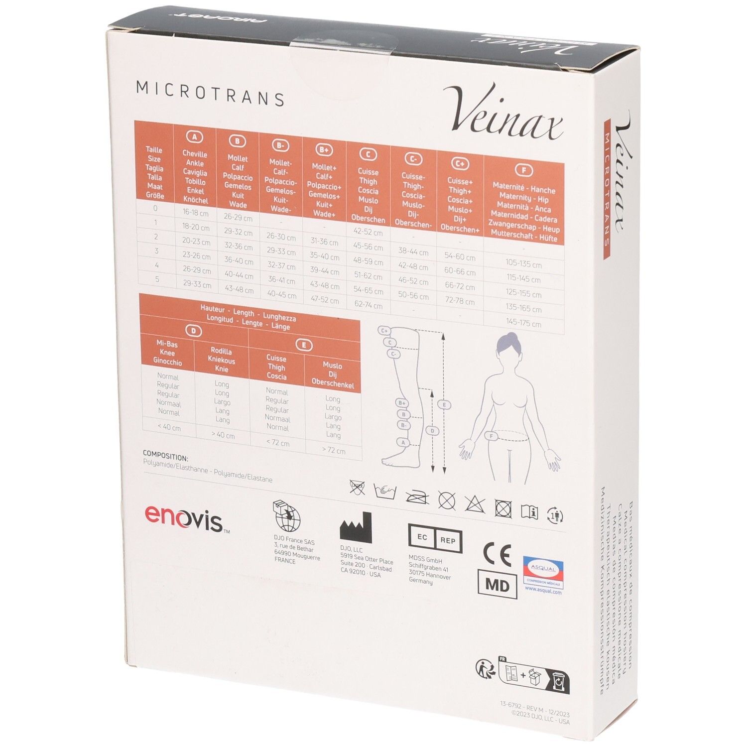 Rückseite der Verpackung mit medizinischen Kompressionsstrümpfen Veinax Microtrans. Größentabelle und Symbole.