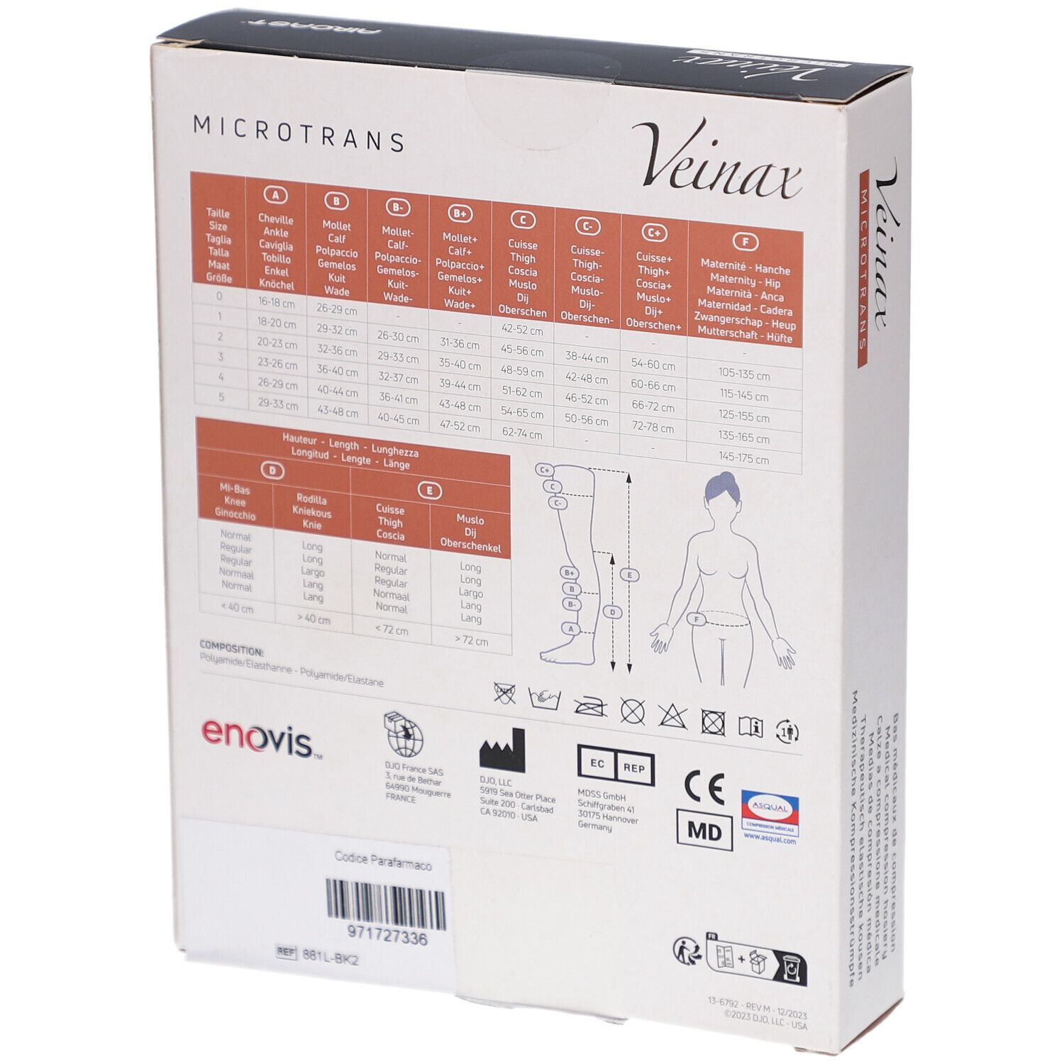 Rückseite der Verpackung mit medizinischen Kompressionsstrümpfen Veinax Microtrans. Größentabelle, enovis Logo.