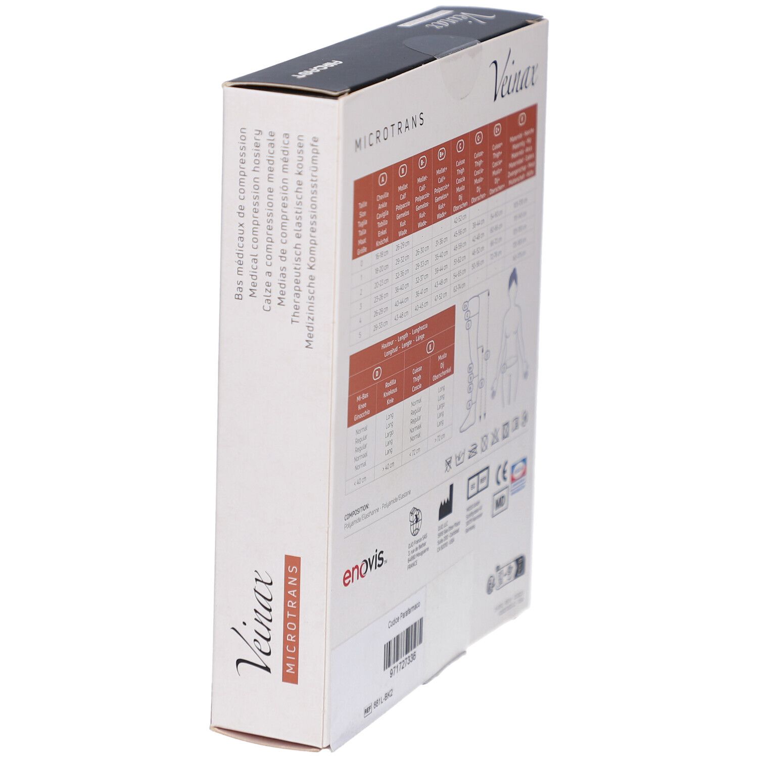 Schrägansicht der Rückseite der Verpackung mit medizinischen Kompressionsstrümpfen Veinax Microtrans. enovis Logo.