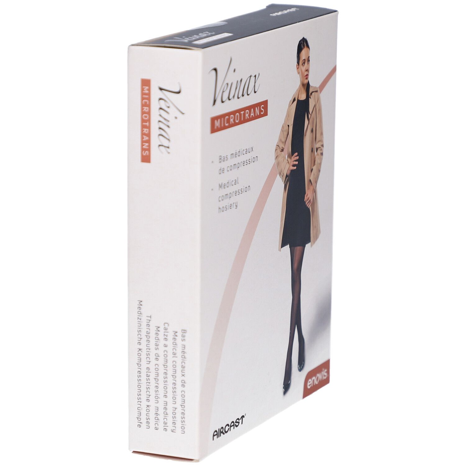 Seitenansicht der Veinax Microtrans Kompressionskniestrümpfe-Verpackung. Markenname, Produktbezeichnung und Logo sichtbar.