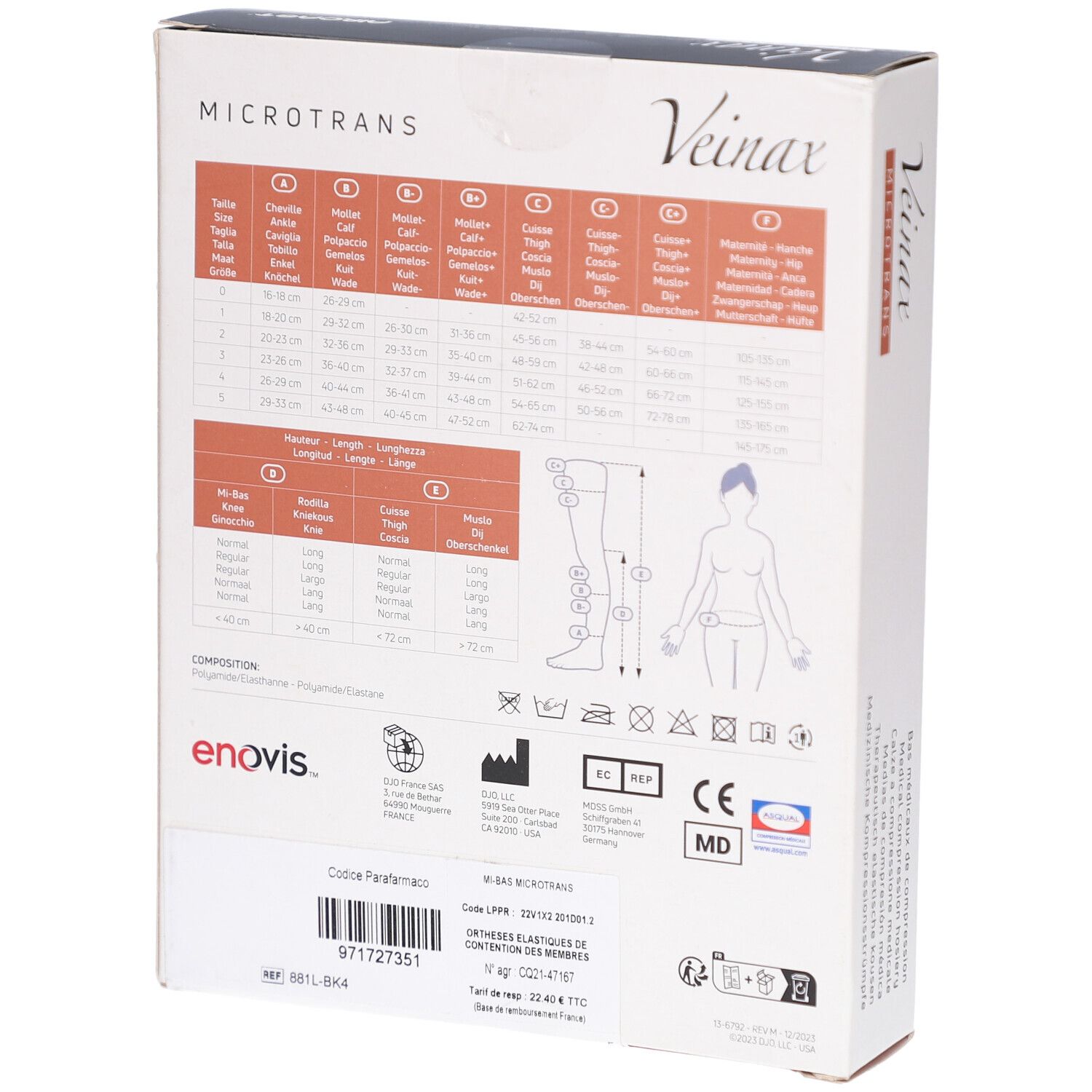 Rückseite der Veinax Microtrans Kompressionskniestrümpfe-Verpackung. Größentabelle und Produktinformationen.