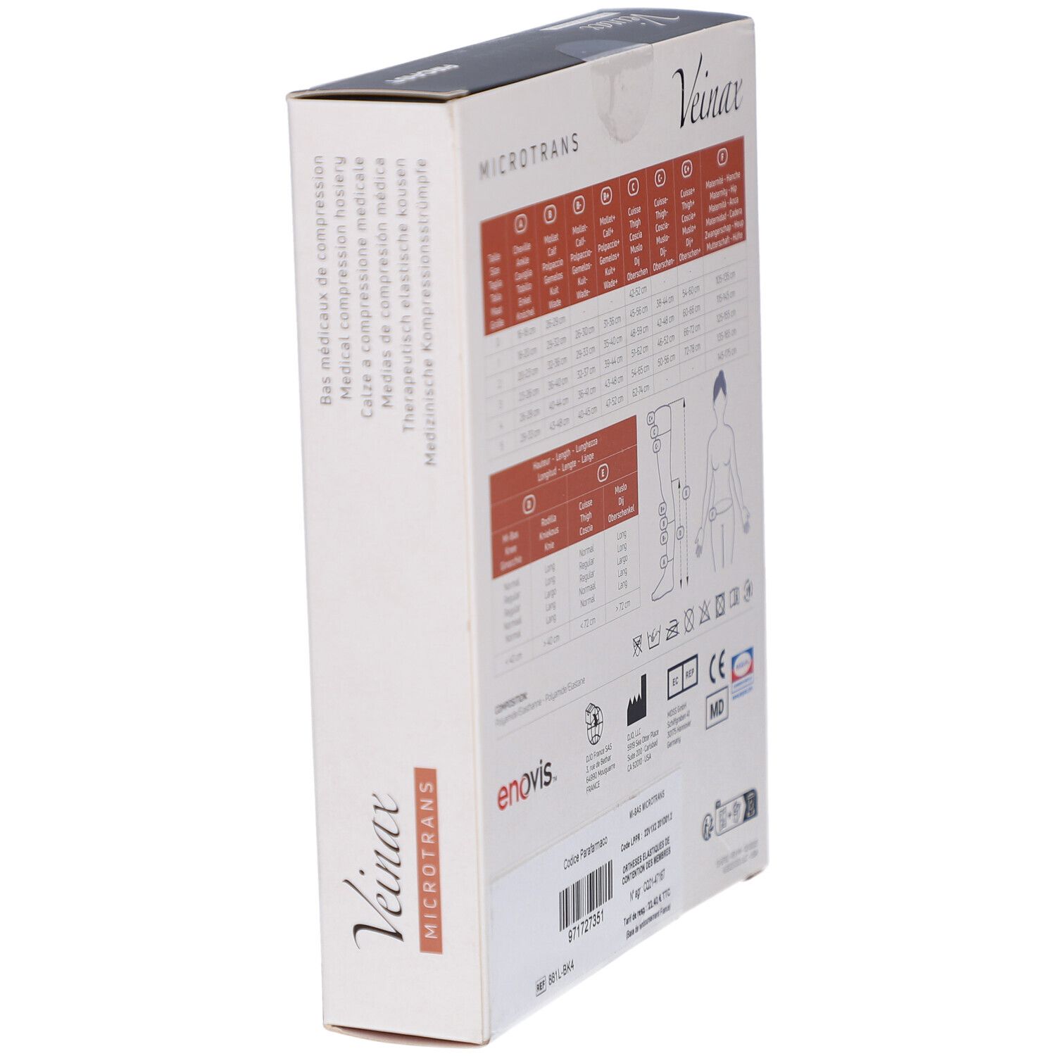 Seitenansicht der Veinax Microtrans Kompressionskniestrümpfe-Verpackung. Produktinformationen und Logo.