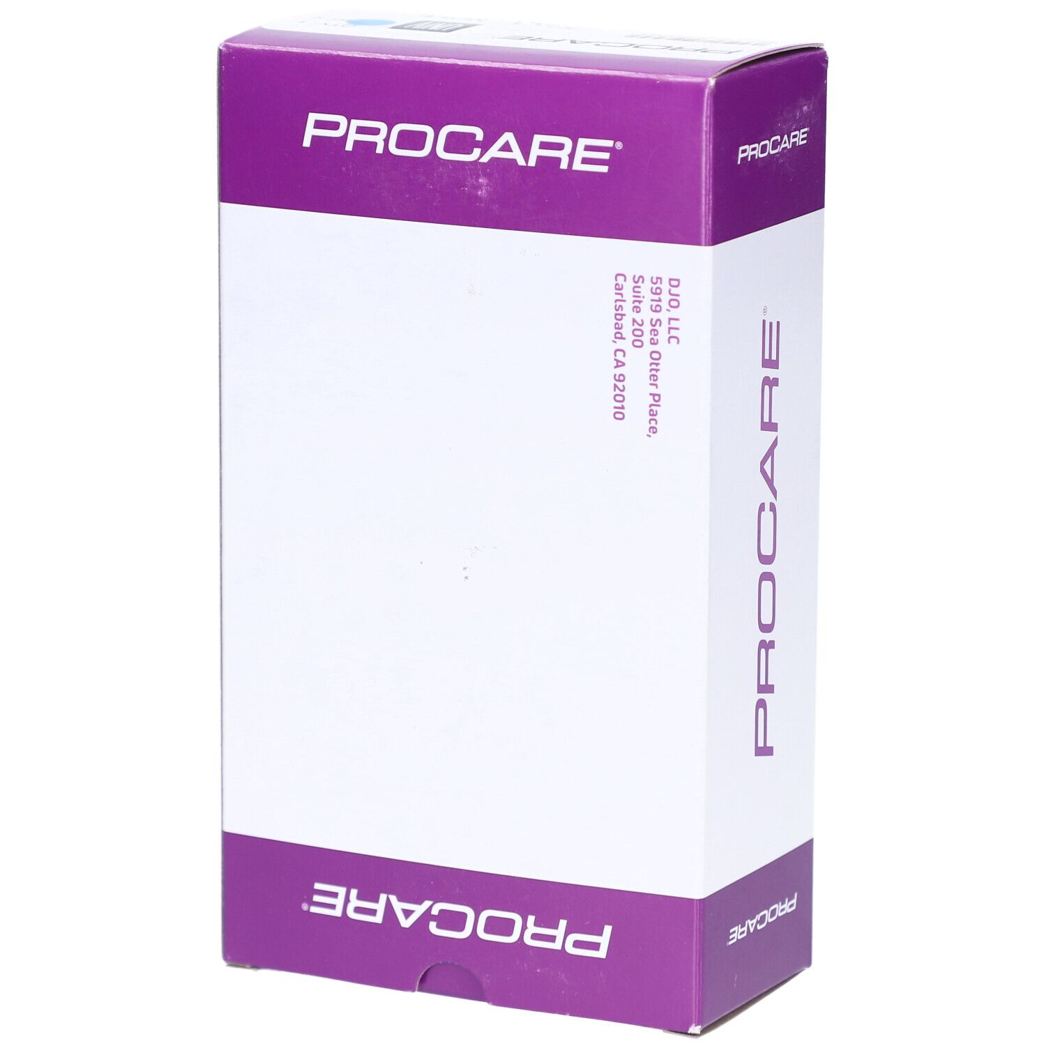 PROCARE-Verpackung. Weiß und lila. Text: PROCARE, Adresse.