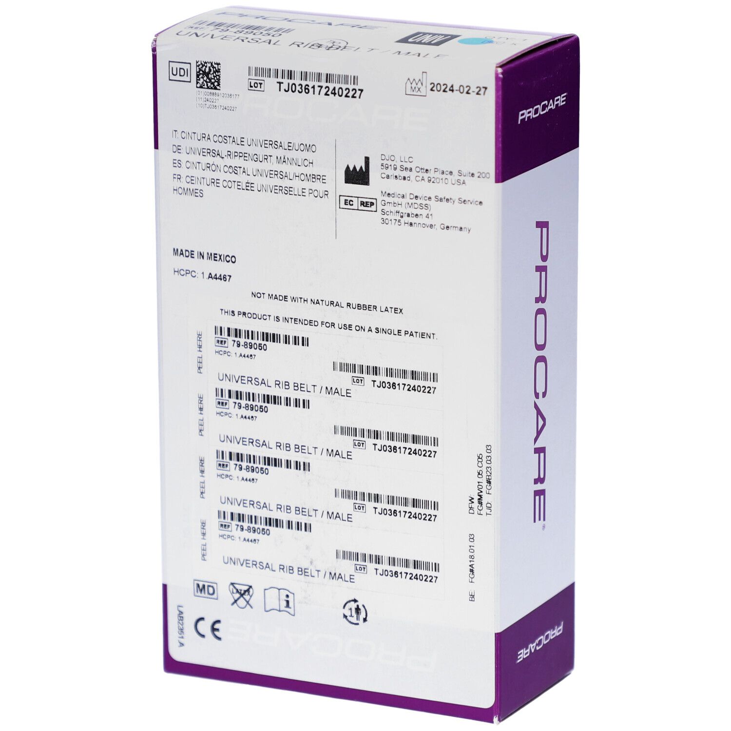 PROCARE-Verpackung. Weiß und lila. Text: Universal Rib Belt/Male, CE-Zeichen.