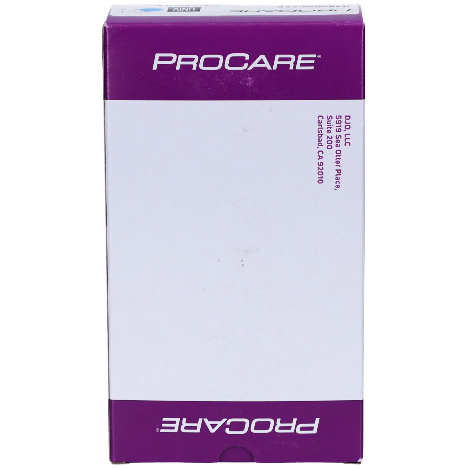 PROCARE-Verpackung. Weiß und lila. Text: PROCARE, Adresse.