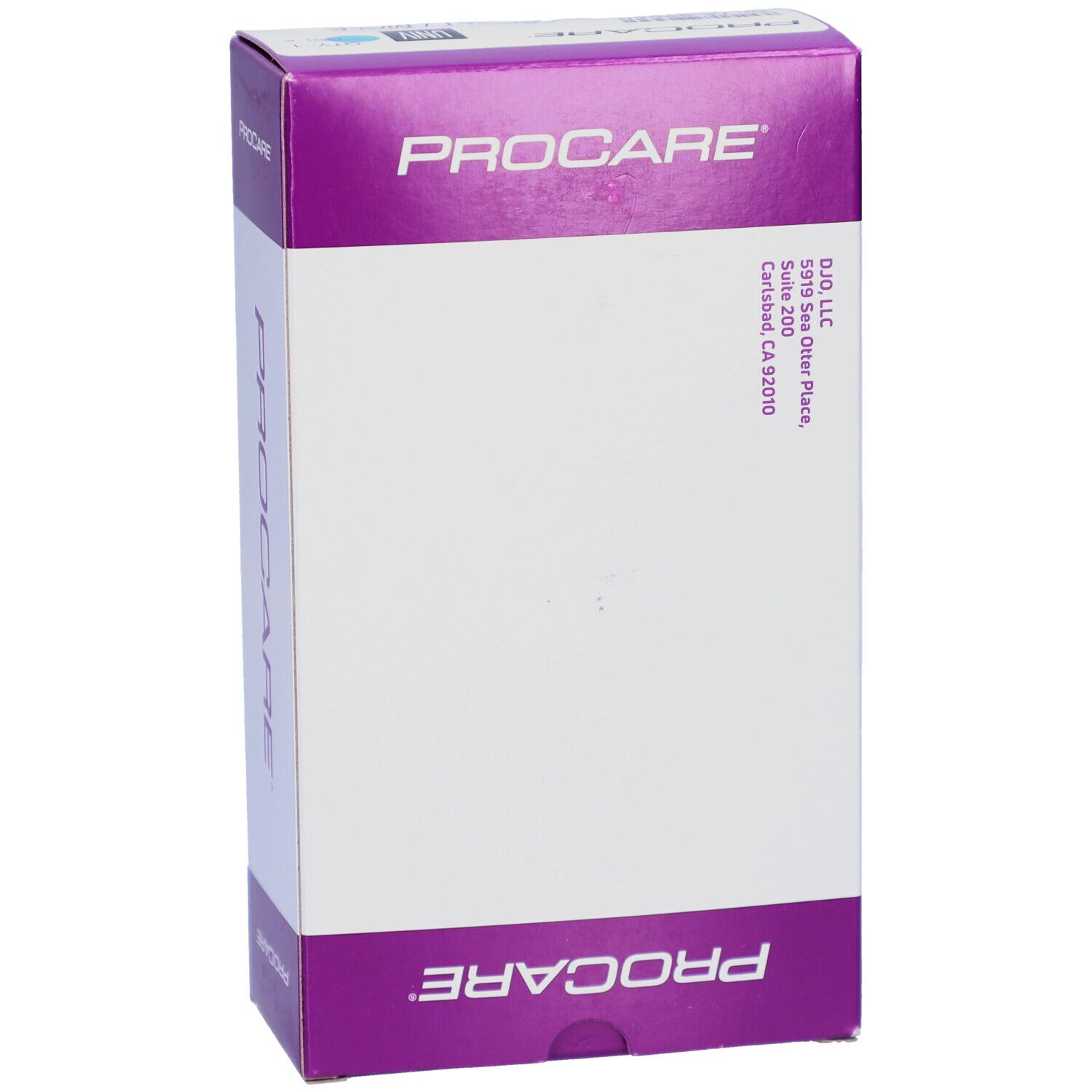 PROCARE-Verpackung. Weiß und lila. Text: PROCARE, Adresse.
