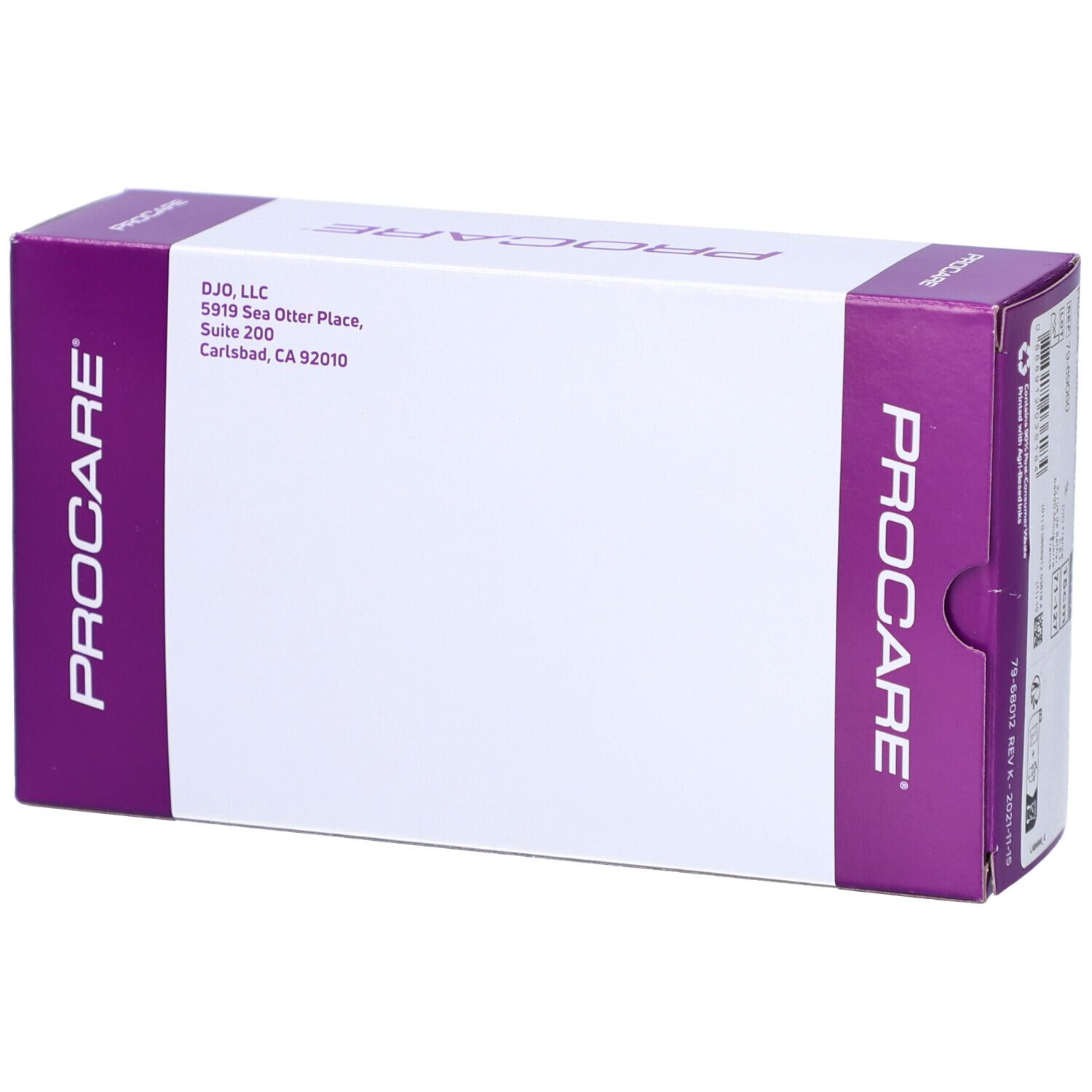 PROCARE-Verpackung. Weiß mit lila Akzenten. Adresse und Logo. Keine Produktinformationen.