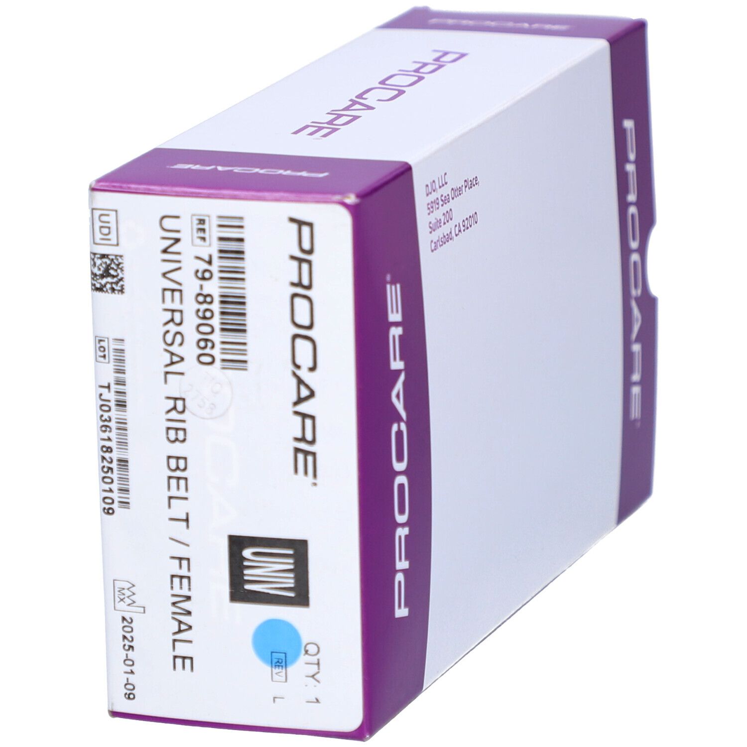PROCARE-Verpackung. Universal Rib Belt/Female. Barcode, Größe L, blaues UNIV-Symbol. Ablaufdatum.