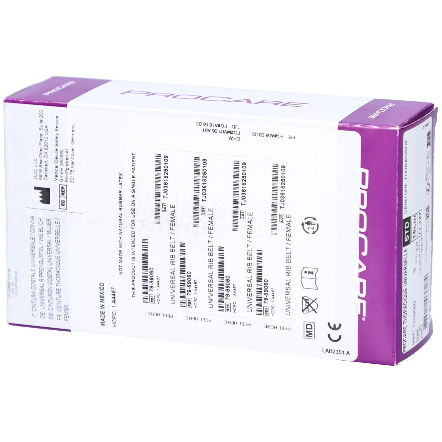 PROCARE-Verpackung. Universal Rib Belt/Female. Mehrere Barcodes. Hergestellt in Mexiko. Warnhinweise.