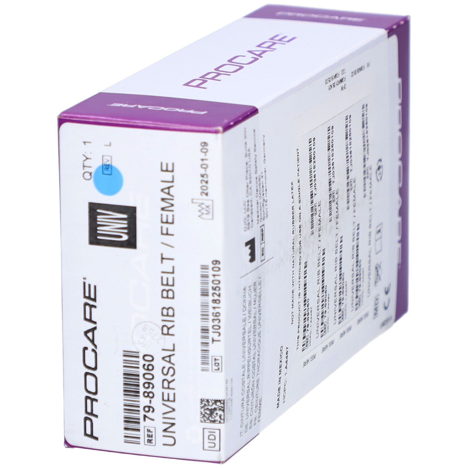 PROCARE-Verpackung. Universal Rib Belt/Female. Barcode, Größe L, blaues UNIV-Symbol. Ablaufdatum.