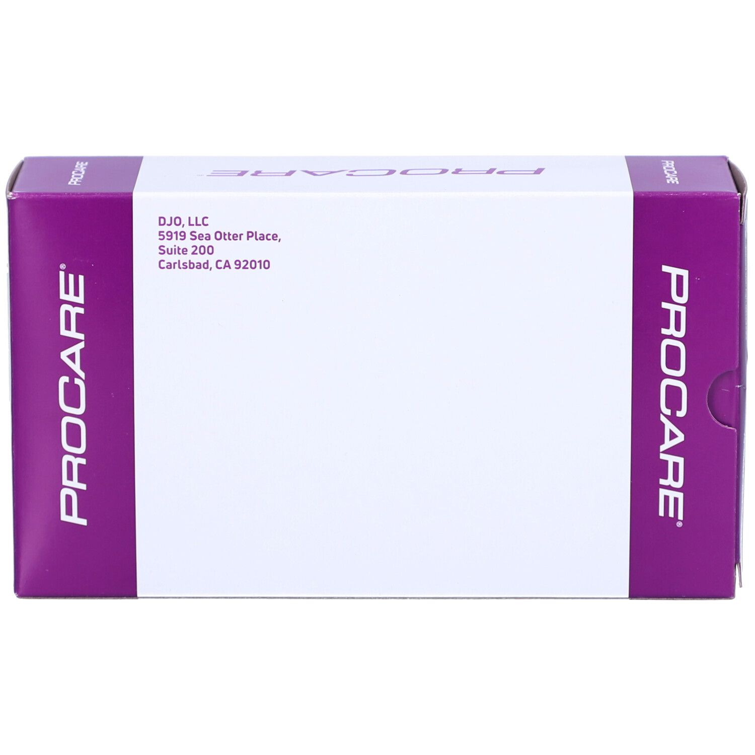 PROCARE-Verpackung. Weiß mit lila Akzenten. Adresse und Logo. Keine Produktinformationen.