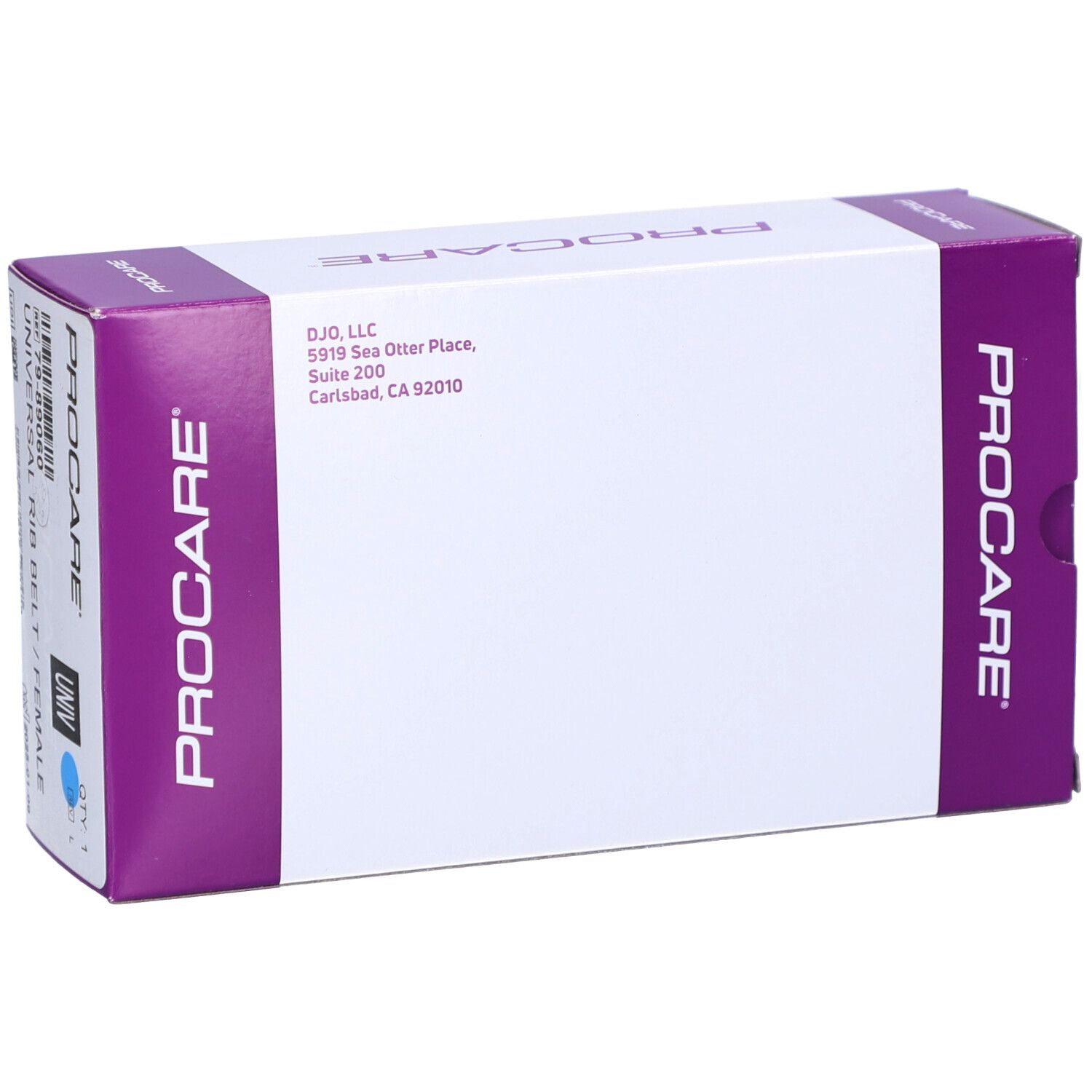 PROCARE-Verpackung. Universal Rib Belt/Female. Barcode, Größe L, blaues UNIV-Symbol. Ablaufdatum.