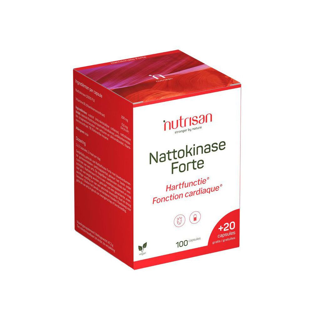 Boîte Nutrisan Nattokinase Forte. Boîte rouge et blanche avec nom du produit et 100 + 20 gélules.