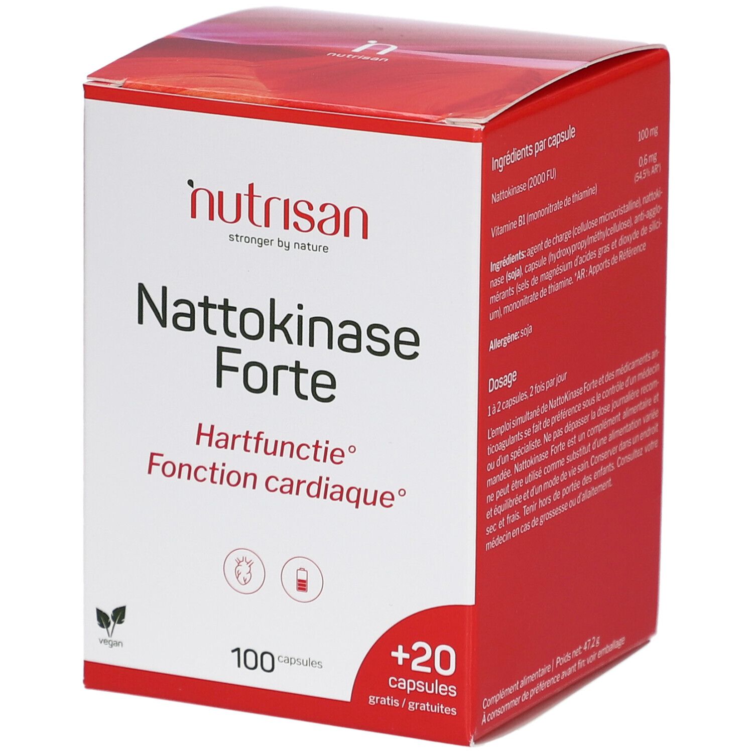 Verpackung von Nutrisan Nattokinase Forte. Rote und weiße Schachtel mit Produktnamen und 100 + 20 Kapseln.