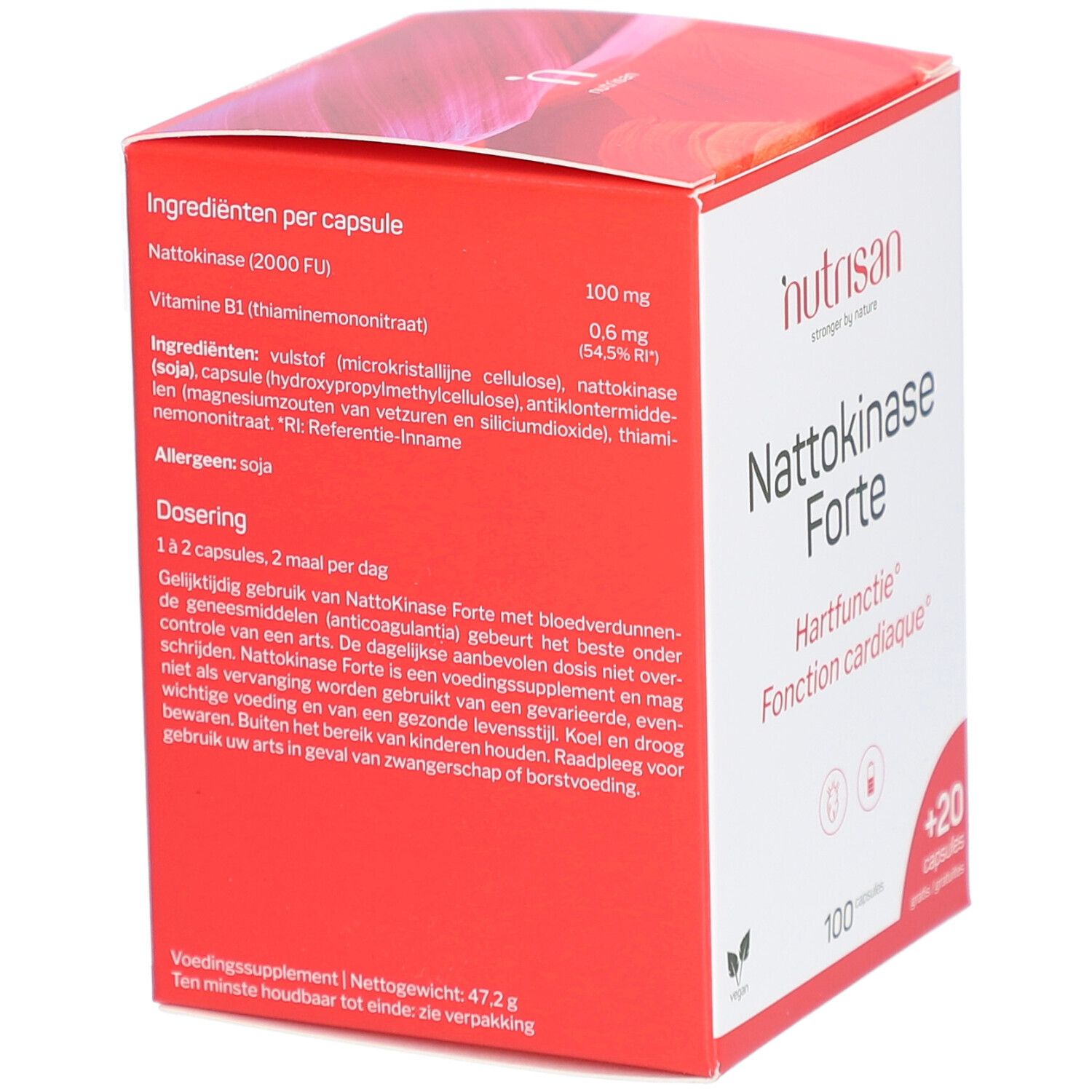 Rückseite der Nutrisan Nattokinase Forte Verpackung. Enthält Informationen zu Inhaltsstoffen und Dosierung.