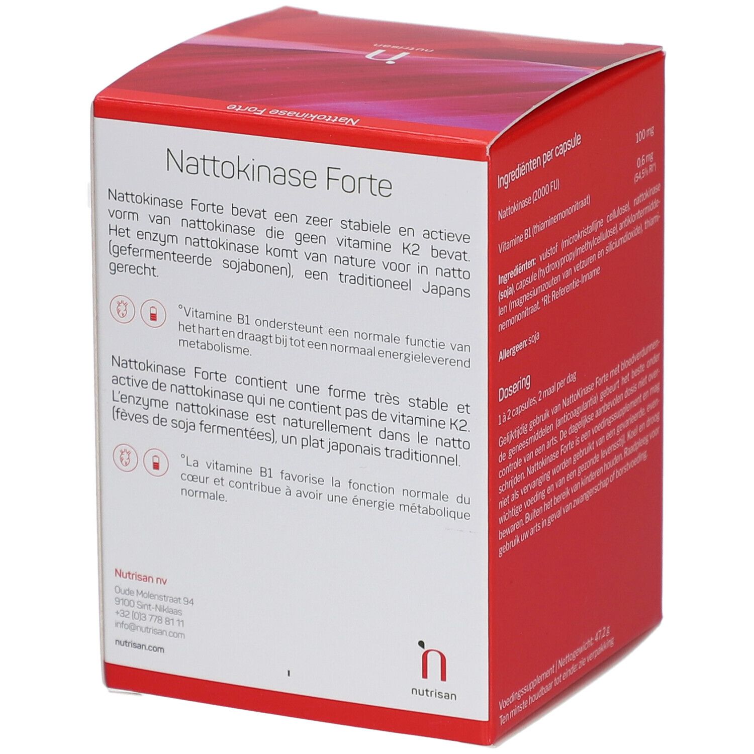 Rückseite der Nutrisan Nattokinase Forte Verpackung. Enthält Informationen zu Inhaltsstoffen und Dosierung.