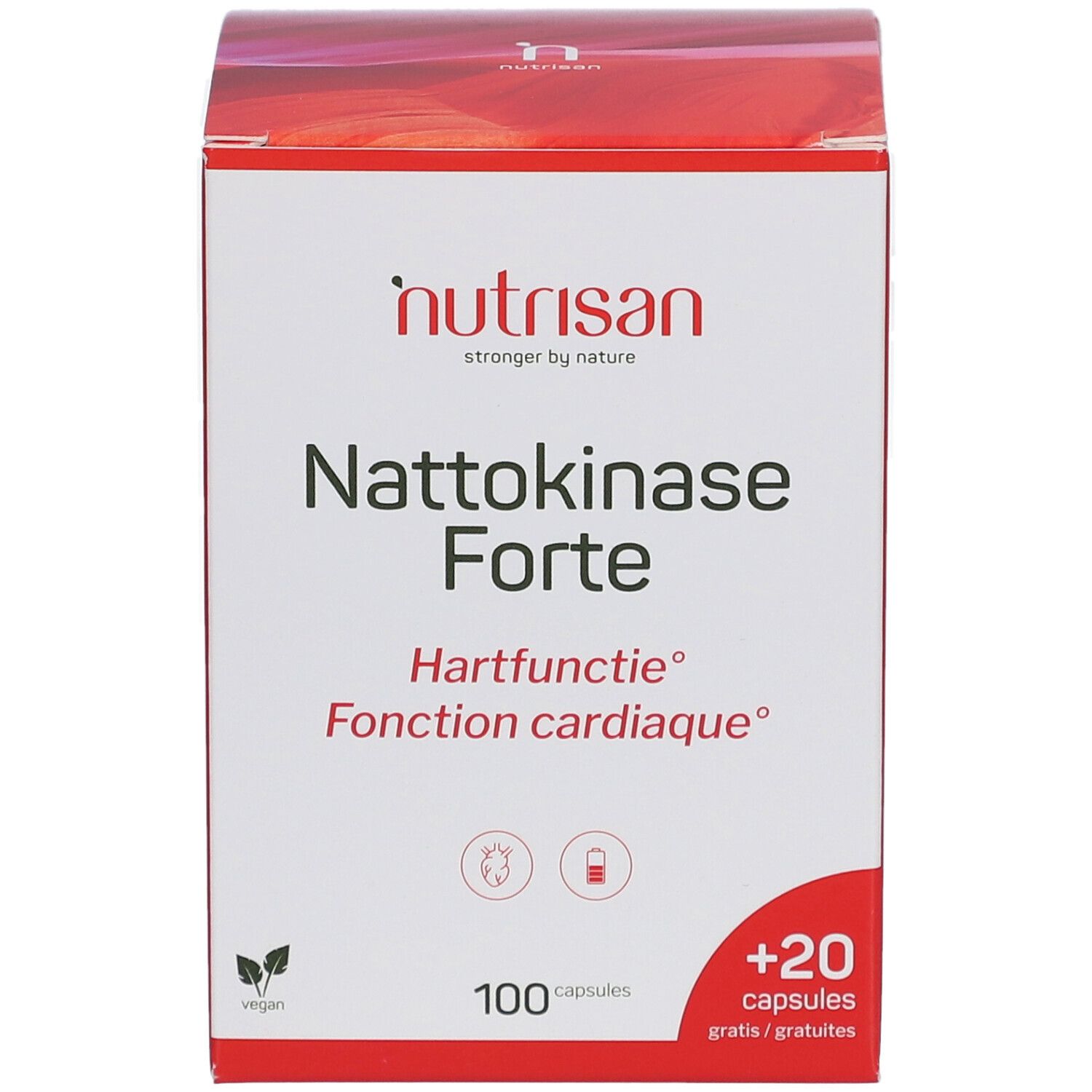 Vorderseite der Nutrisan Nattokinase Forte Verpackung. Rote und weiße Schachtel mit Produktnamen und 100 + 20 Kapseln.