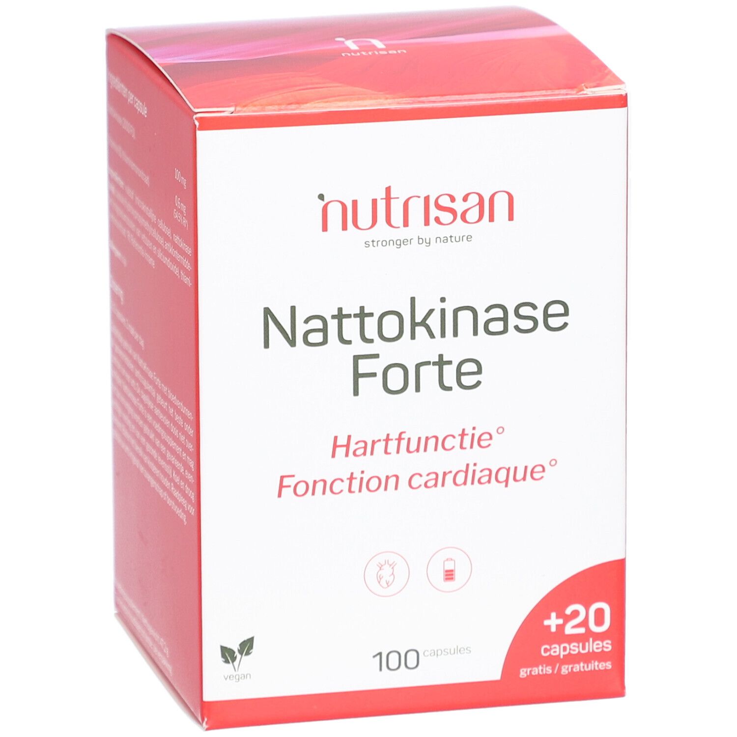 Verpackung von Nutrisan Nattokinase Forte. Rote und weiße Schachtel mit Produktnamen und 100 + 20 Kapseln.