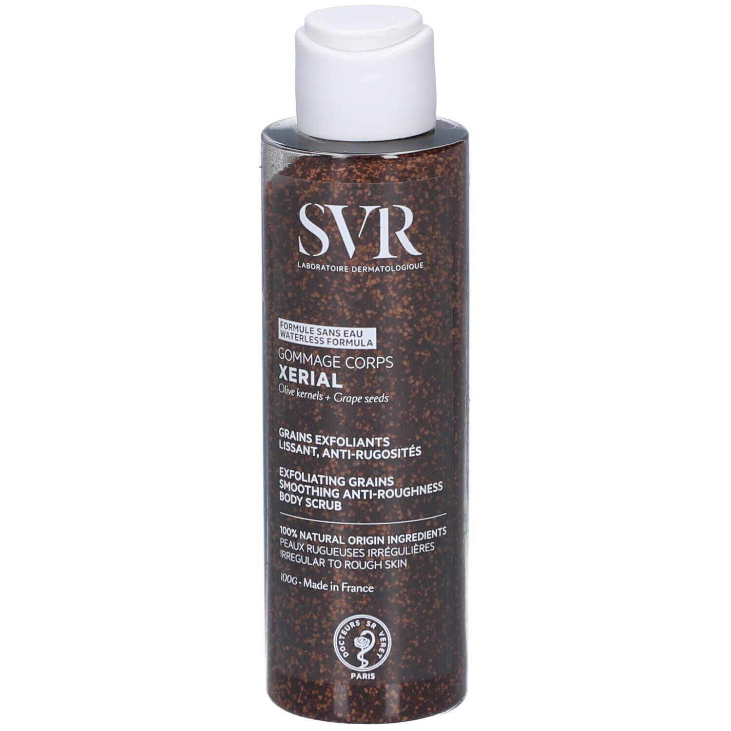 Zylindrische Flasche mit weißem Deckel. Aufschrift SVR, Gommage Corps Xerial. Braunes Peeling sichtbar.