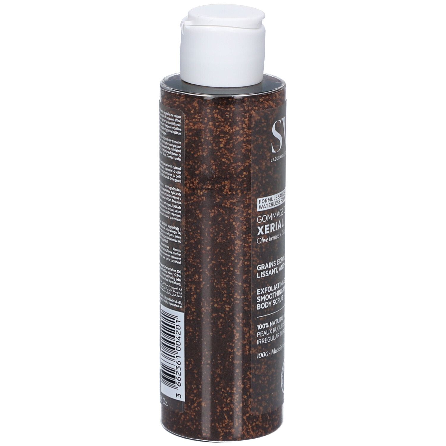 Rückseite der Flasche. Aufschrift SVR, Gommage Corps Xerial. Produktinformationen und Barcode.