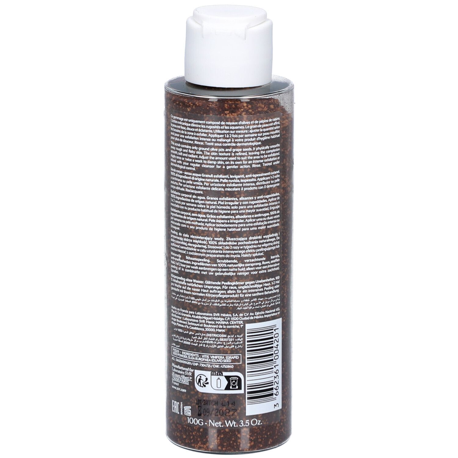 Rückseite der Flasche. Produktinformationen, Inhaltsstoffe und Barcode. Flasche mit weißem Deckel.