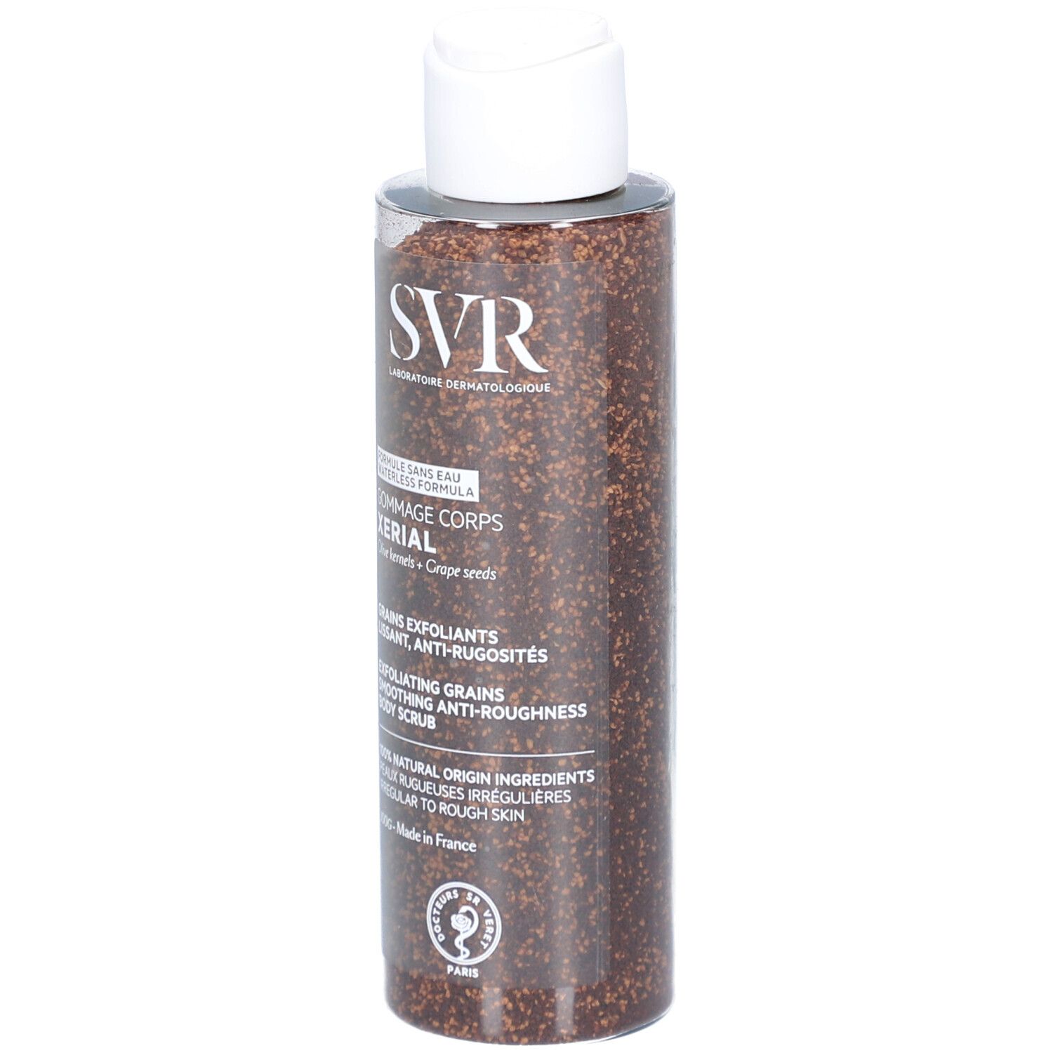 Zylindrische Flasche mit weißem Deckel. Aufschrift SVR, Gommage Corps Xerial. Braunes Peeling sichtbar.