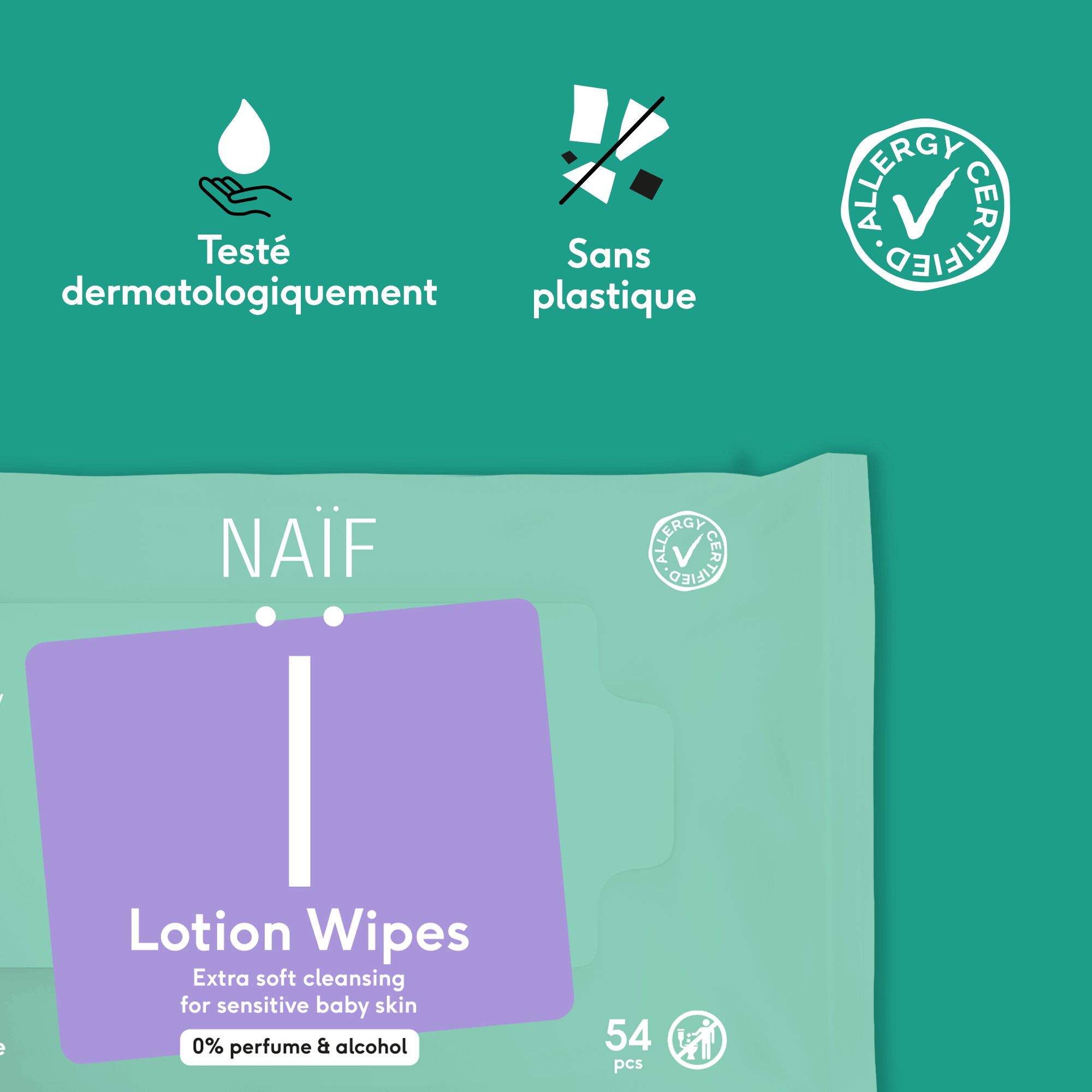 Lingettes lotion NAÏF Baby & Kids, 54 pièces. Sans plastique, 0% parfum & alcool, hydratant.